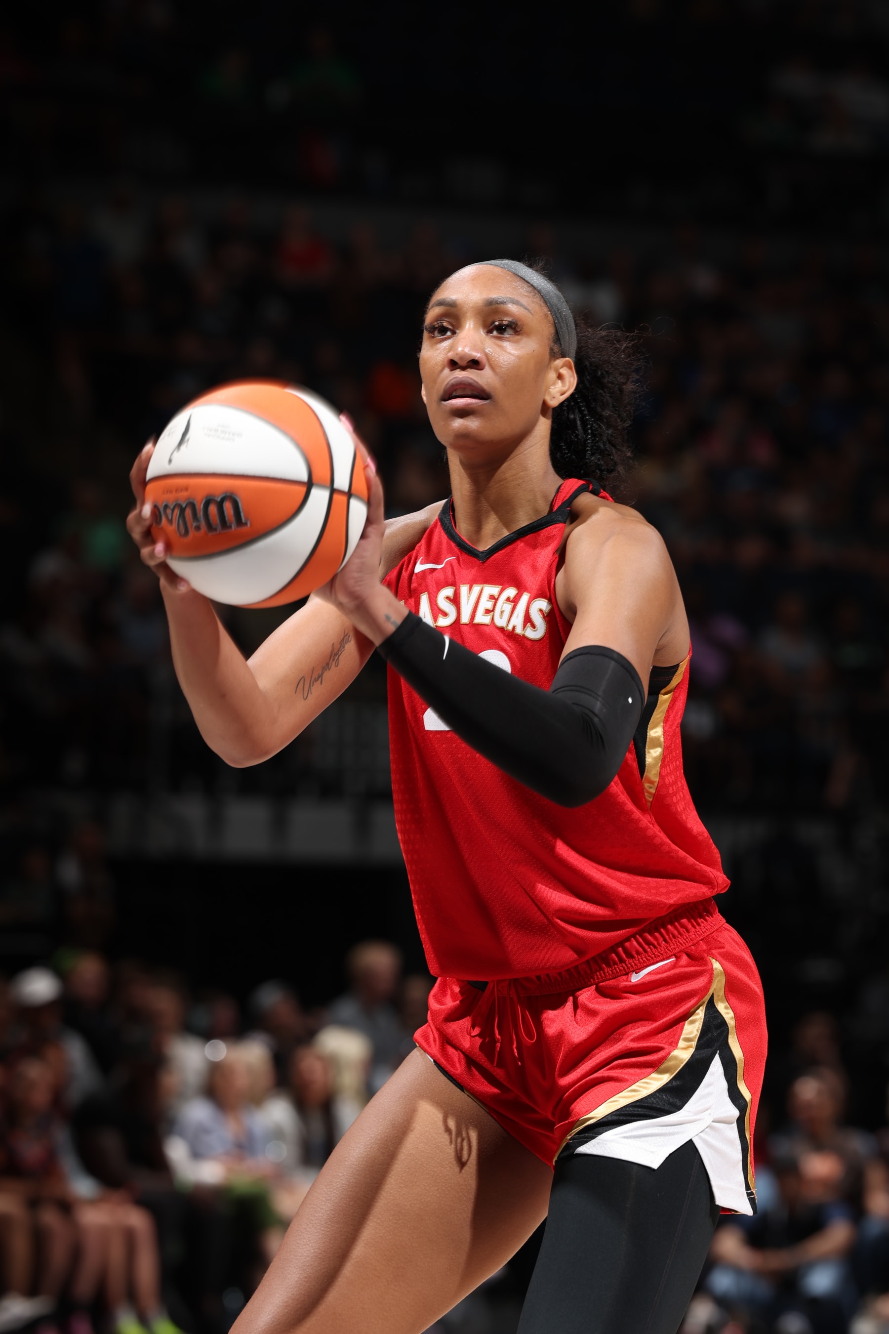 MINNEAPOLIS, MN - JULY 22: A'ja Wilson #22 of the Las Vegas Aces shoots a free throw during the game against the Minnesota Lynx on July 22, 2023 at Target Center in Minneapolis, Minnesota. NOTE TO USER: User expressly acknowledges and agrees that, by downloading and or using this Photograph, user is consenting to the terms and conditions of the Getty Images License Agreement. Mandatory Copyright Notice: Copyright 2023 NBAE (Photo by David Sherman/NBAE via Getty Images) MINNEAPOLIS, MN - JULY 22: A'ja Wilson #22 of the Las Vegas Aces shoots a free throw during the game against the Minnesota Lynx on July 22, 2023 at Target Center in Minneapolis, Minnesota. NOTE TO USER: User expressly acknowledges and agrees that, by downloading and or using this Photograph, user is consenting to the terms and conditions of the Getty Images License Agreement. Mandatory Copyright Notice: Copyright 2023 NBAE (Photo by David Sherman/NBAE via Getty Images)