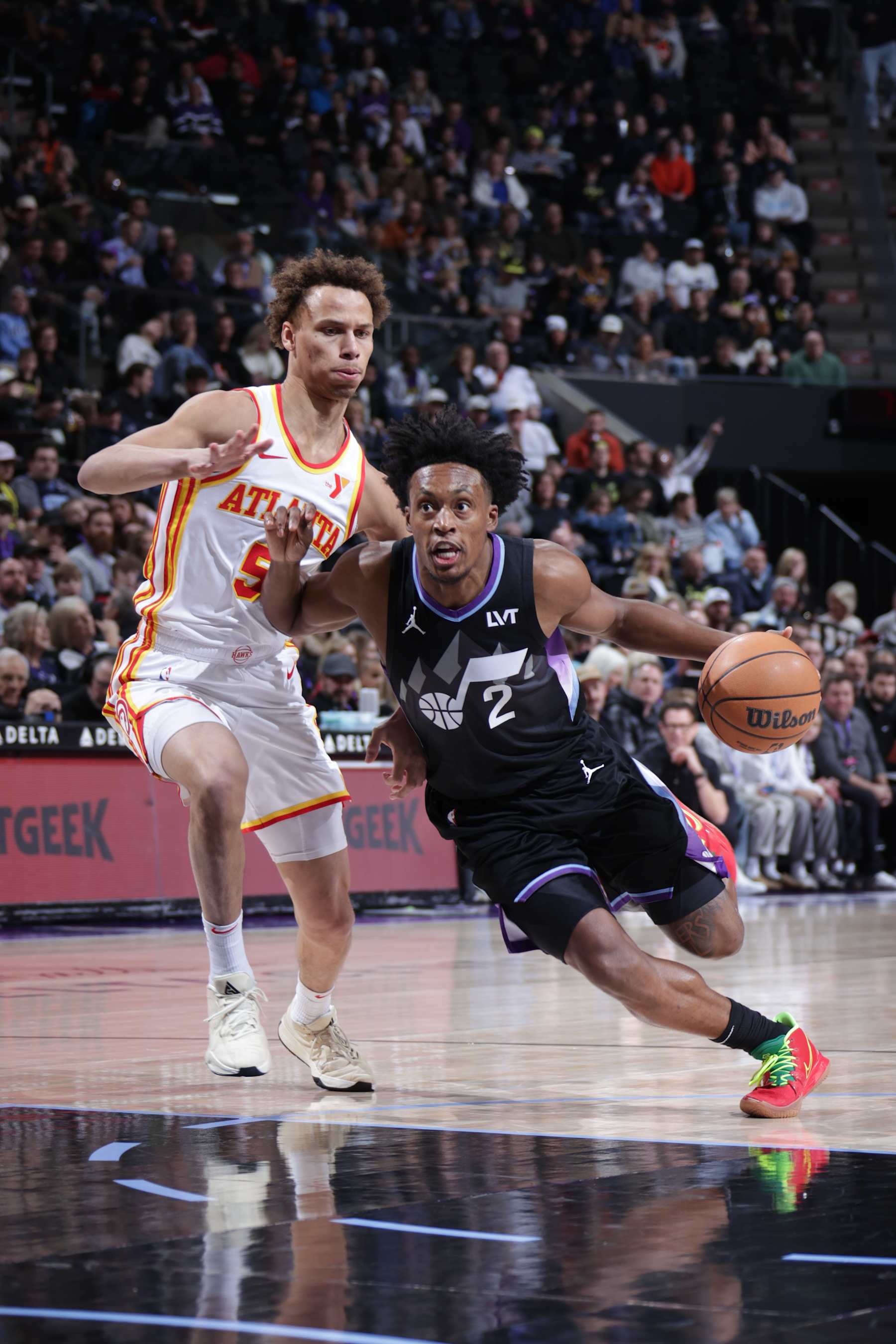 SALT LAKE CITY, UT - JANUARY 7: Collin Sexton #2 of the Utah Jazz drives to the basket during the game against the Atlanta Hawks on January 7, 2025 at Delta Center in Salt Lake City, Utah. NOTE TO USER: User expressly acknowledges and agrees that, by downloading and or using this Photograph, User is consenting to the terms and conditions of the Getty Images License Agreement. Mandatory Copyright Notice: Copyright 2025 NBAE (Photo by Melissa Majchrzak/NBAE via Getty Images)