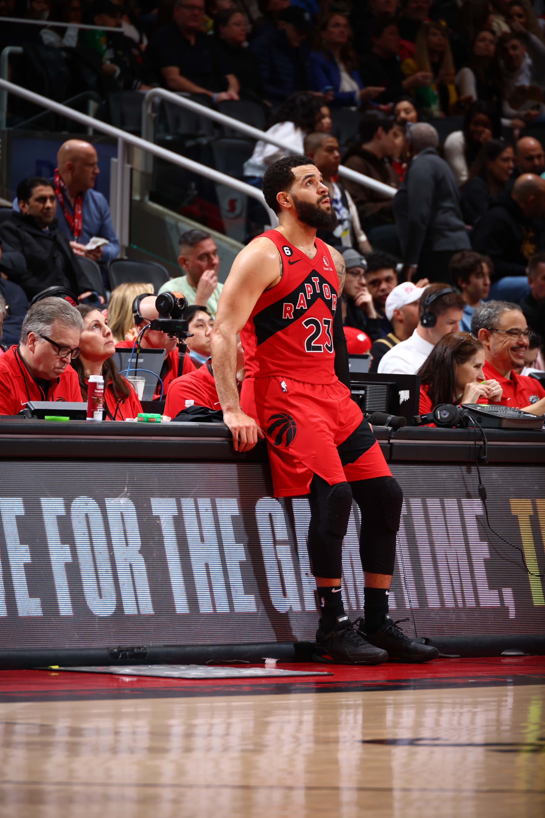 TORONTO, CANADA - FEBRUARY 12: Fred VanVleet #23 of the Toronto Raptors sits on the scorers table during the game against the Detroit Pistons on February 12, 2023 at the Scotiabank Arena in Toronto, Ontario, Canada.  NOTE TO USER: User expressly acknowledges and agrees that, by downloading and or using this Photograph, user is consenting to the terms and conditions of the Getty Images License Agreement.  Mandatory Copyright Notice: Copyright 2023 NBAE (Photo by Vaughn Ridley/NBAE via Getty Images)