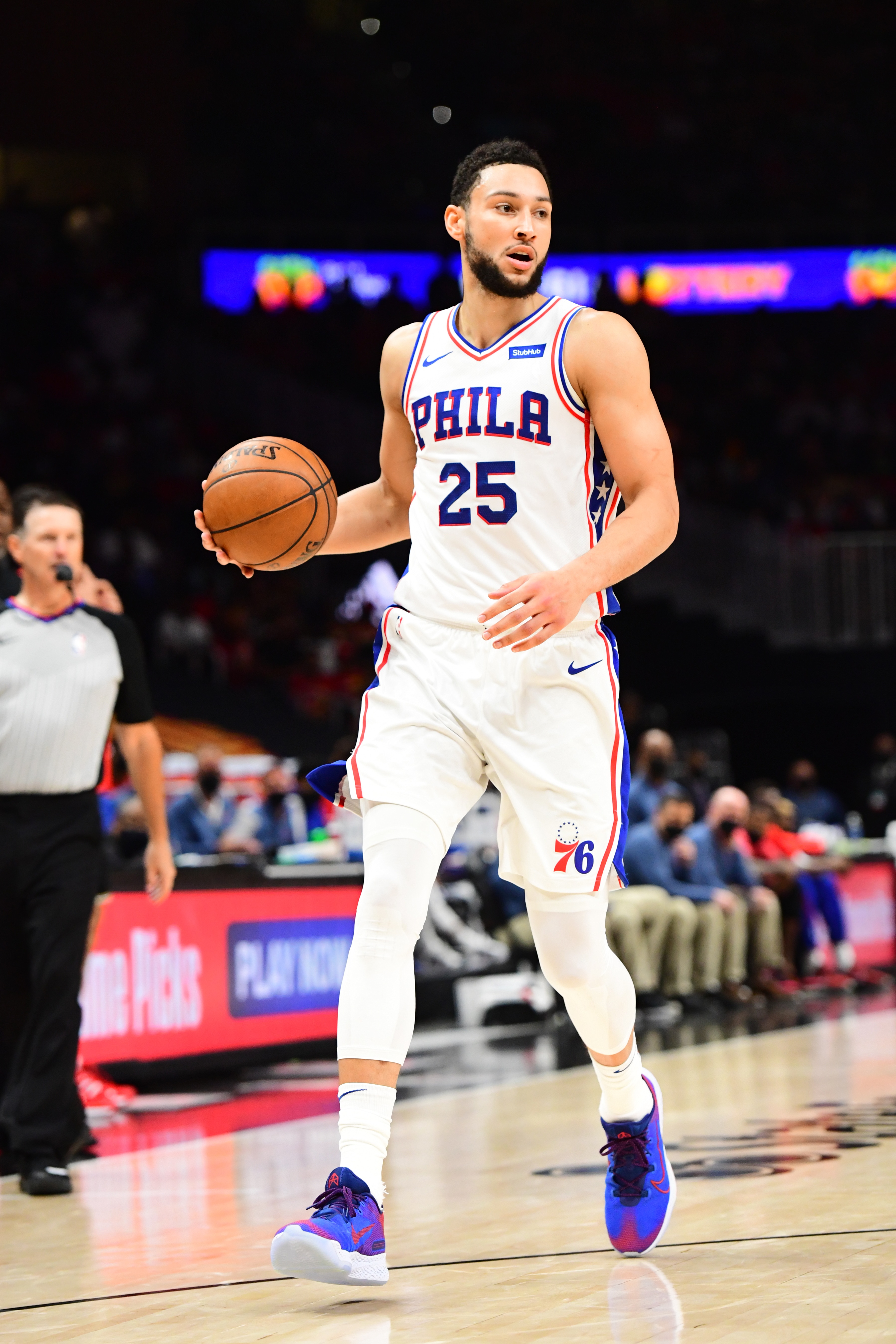 ATLANTA, GA - JUNE 18: Ben Simmons #25 of the Philadelphia 76ers handles the ball against the Atlanta Hawks during Round 2, Game 6 of the Eastern Conference Playoffs on June 18, 2021  at State Farm Arena in Atlanta, Georgia.  NOTE TO USER: User expressly acknowledges and agrees that, by downloading and/or using this Photograph, user is consenting to the terms and conditions of the Getty Images License Agreement. Mandatory Copyright Notice: Copyright 2021 NBAE (Photo by Scott Cunningham/NBAE via Getty Images)
