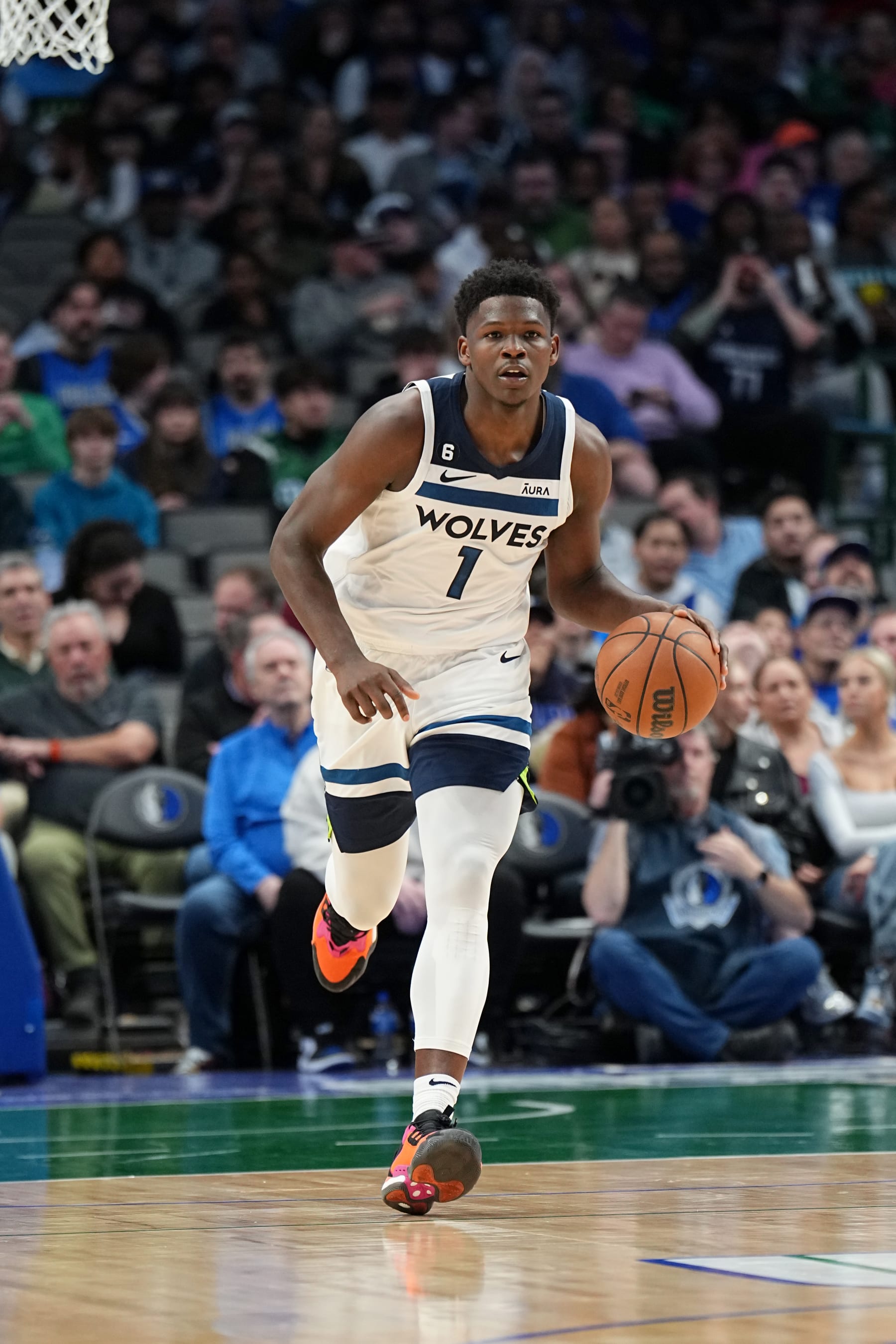 DALLAS, TX - FEBRUARY 13: Anthony Edwards #1 of the Minnesota Timberwolves moves the ball during the game against the Dallas Mavericks on February 13, 2023 at the American Airlines Center in Dallas, Texas. NOTE TO USER: User expressly acknowledges and agrees that, by downloading and or using this photograph, User is consenting to the terms and conditions of the Getty Images License Agreement. Mandatory Copyright Notice: Copyright 2023 NBAE (Photo by Glenn James/NBAE via Getty Images)