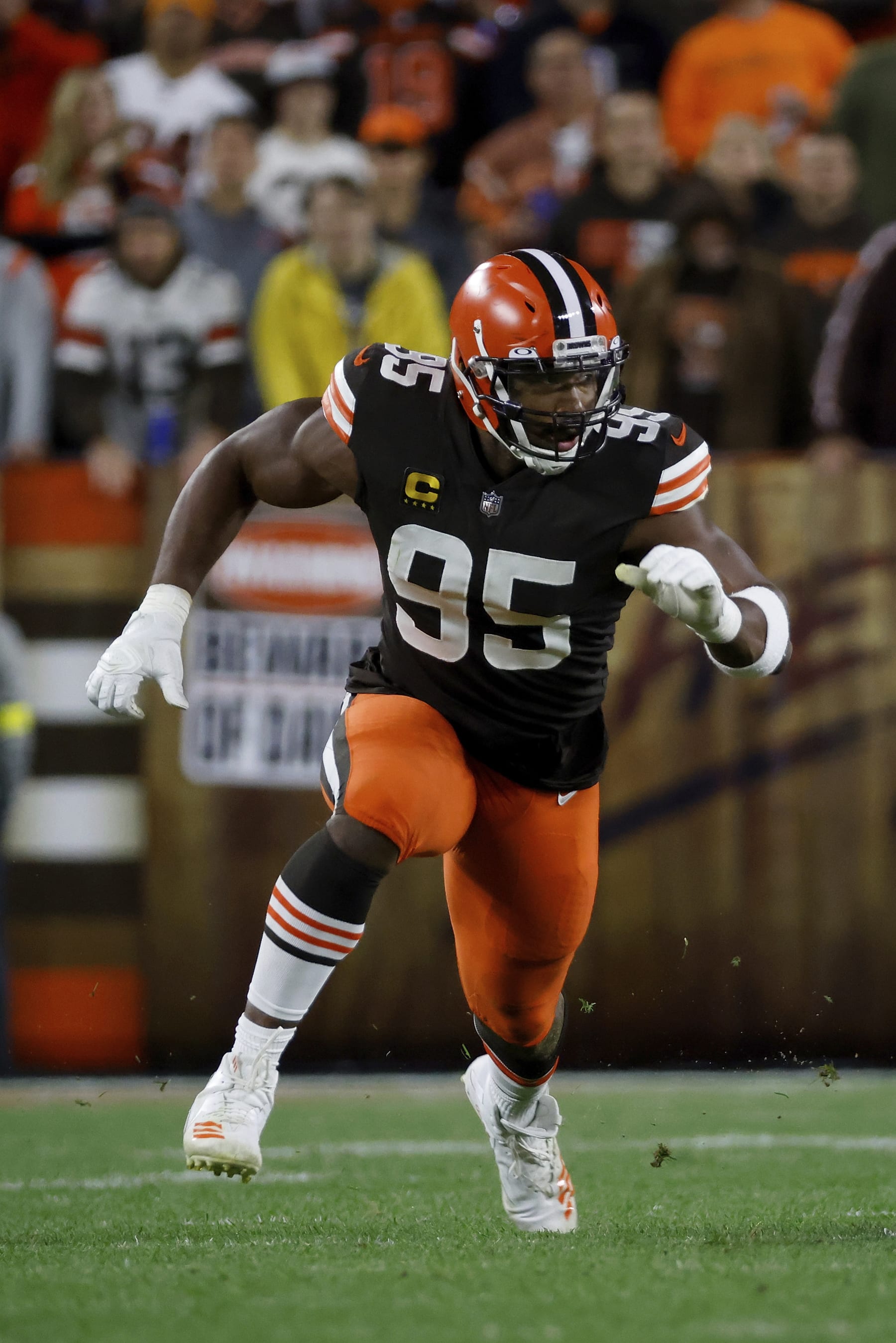 Cleveland Browns defensive end Myles Garrett (95) runs off of the line of scrimmage during an NFL football game against the Pittsburgh Steelers, Thursday, Sept. 22, 2022, in Cleveland. (AP Photo/Kirk Irwin)