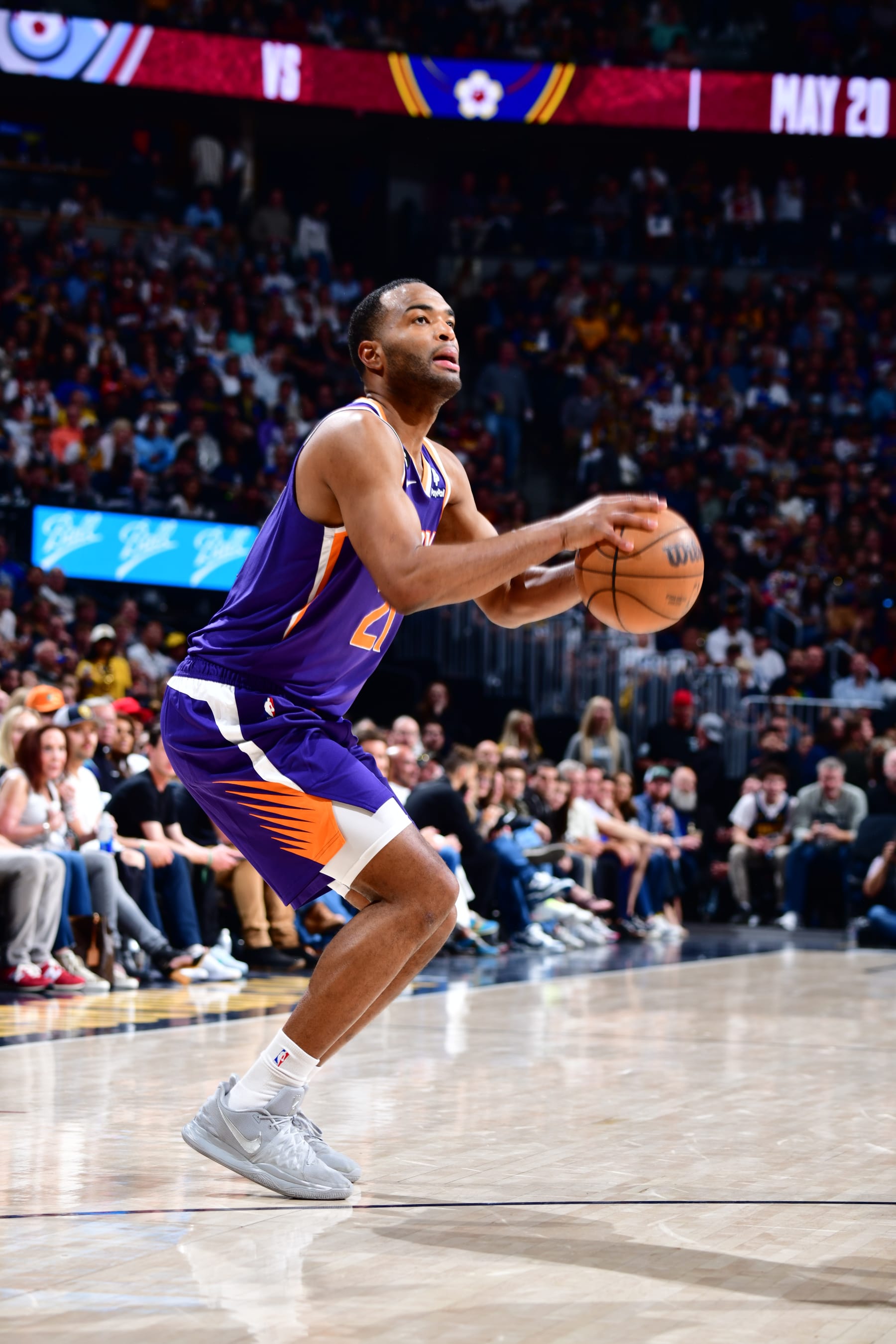 DENVER, CO - MAY 9: T.J. Warren #21 of the Phoenix Suns shoots a three point basket during Game Five of the Western Conference Semi-Finals of the 2023 NBA Playoffs against the Denver Nuggets on May 9, 2023 at the Ball Arena in Denver, Colorado. NOTE TO USER: User expressly acknowledges and agrees that, by downloading and/or using this Photograph, user is consenting to the terms and conditions of the Getty Images License Agreement. Mandatory Copyright Notice: Copyright 2023 NBAE (Photo by Barry Gossage/NBAE via Getty Images)