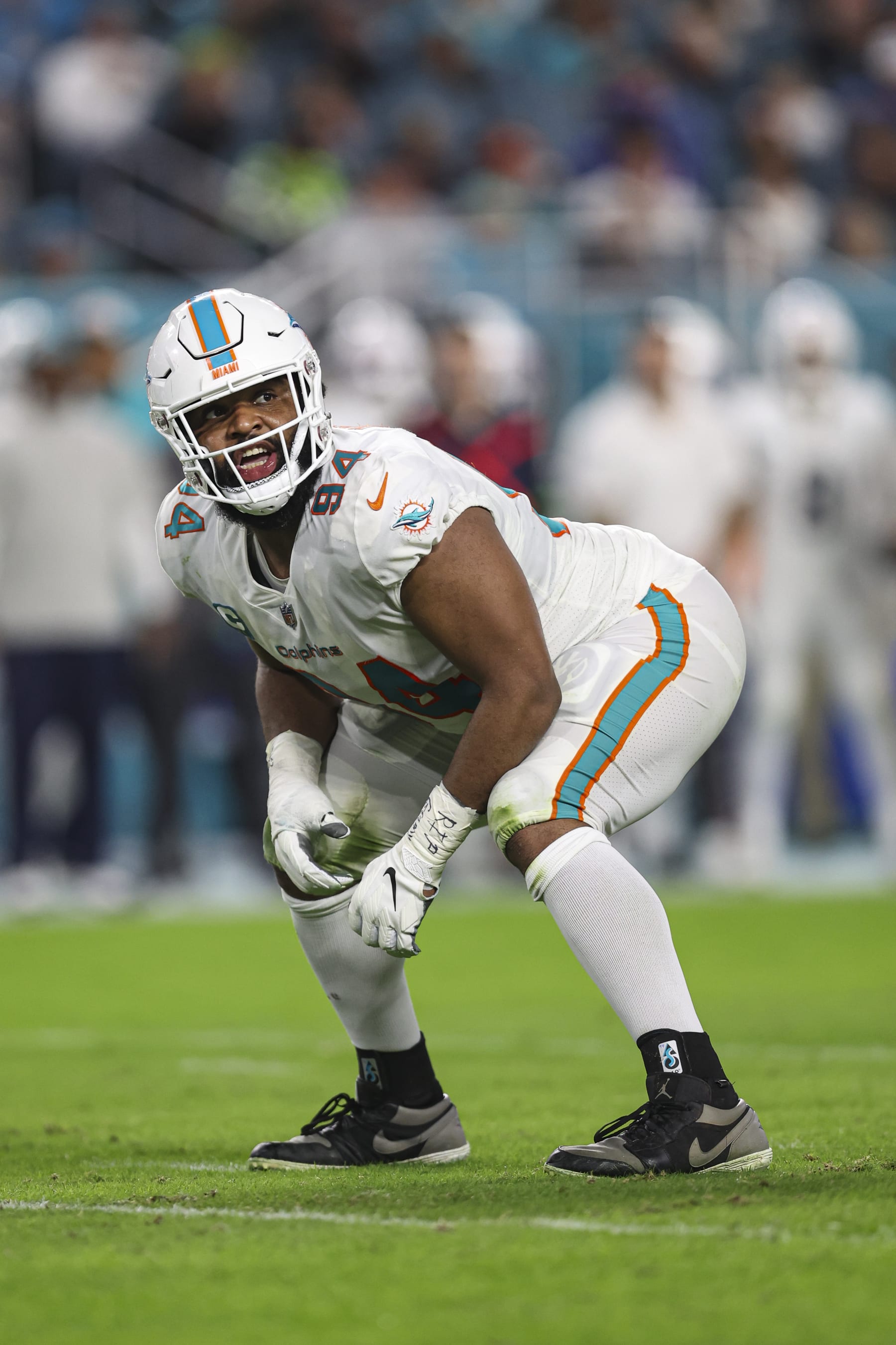 MIAMI GARDENS, FL - JANUARY 07: Christian Wilkins #94 of the Miami Dolphins lines up during an NFL football game against the Buffalo Bills at Hard Rock Stadium on January 7, 2024 in Miami Gardens, Florida. (Photo by Perry Knotts/Getty Images)
