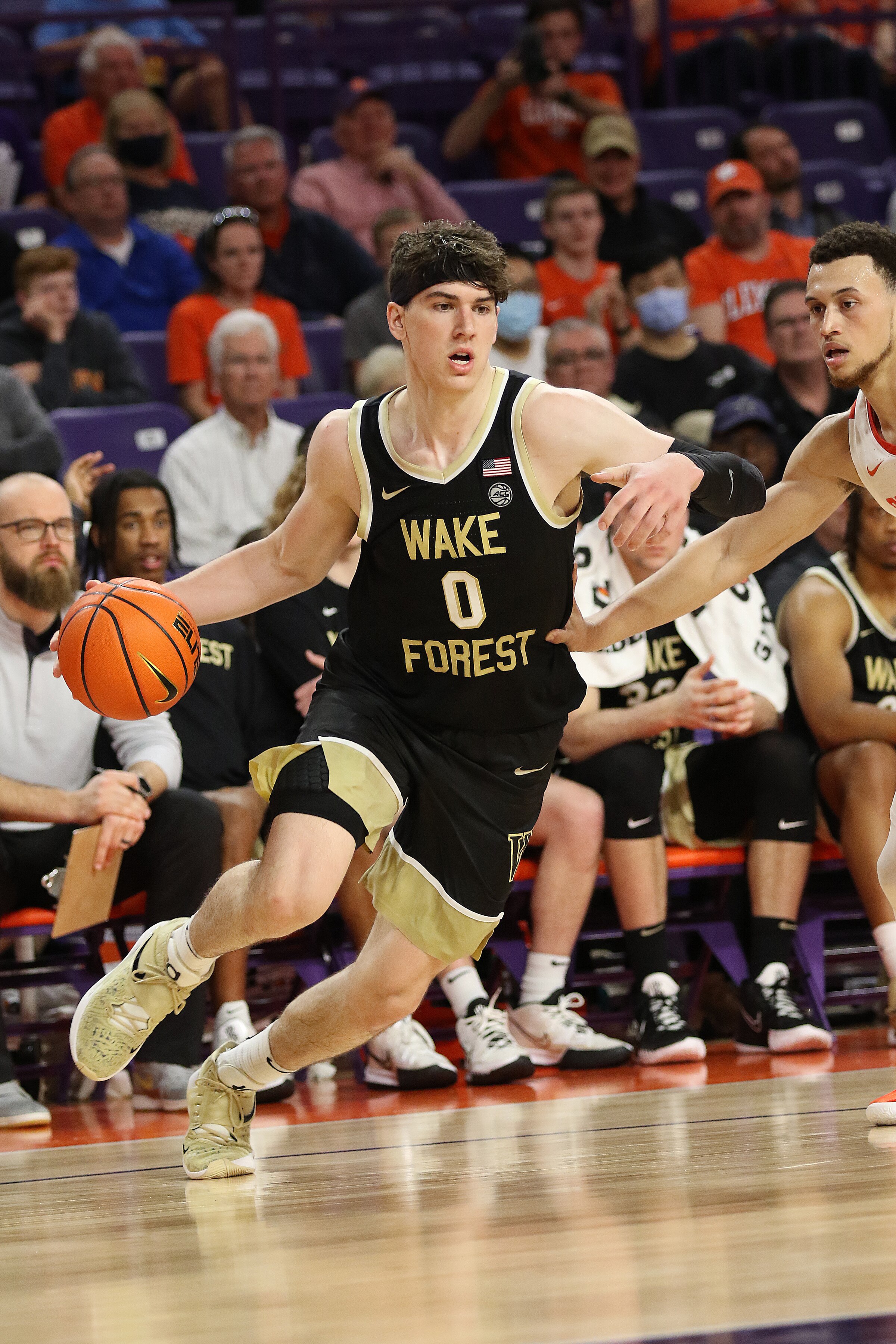 CLEMSON, SC - FEBRUARY 23: Wake Forest forward Jake LaRavia (0) during a college basketball game between the Wake Forest Demon Deacons and the Clemson Tigers on February 23, 2022, at Littlejohn Coliseum in Clemson, S.C. (Photo by John Byrum/Icon Sportswire via Getty Images)