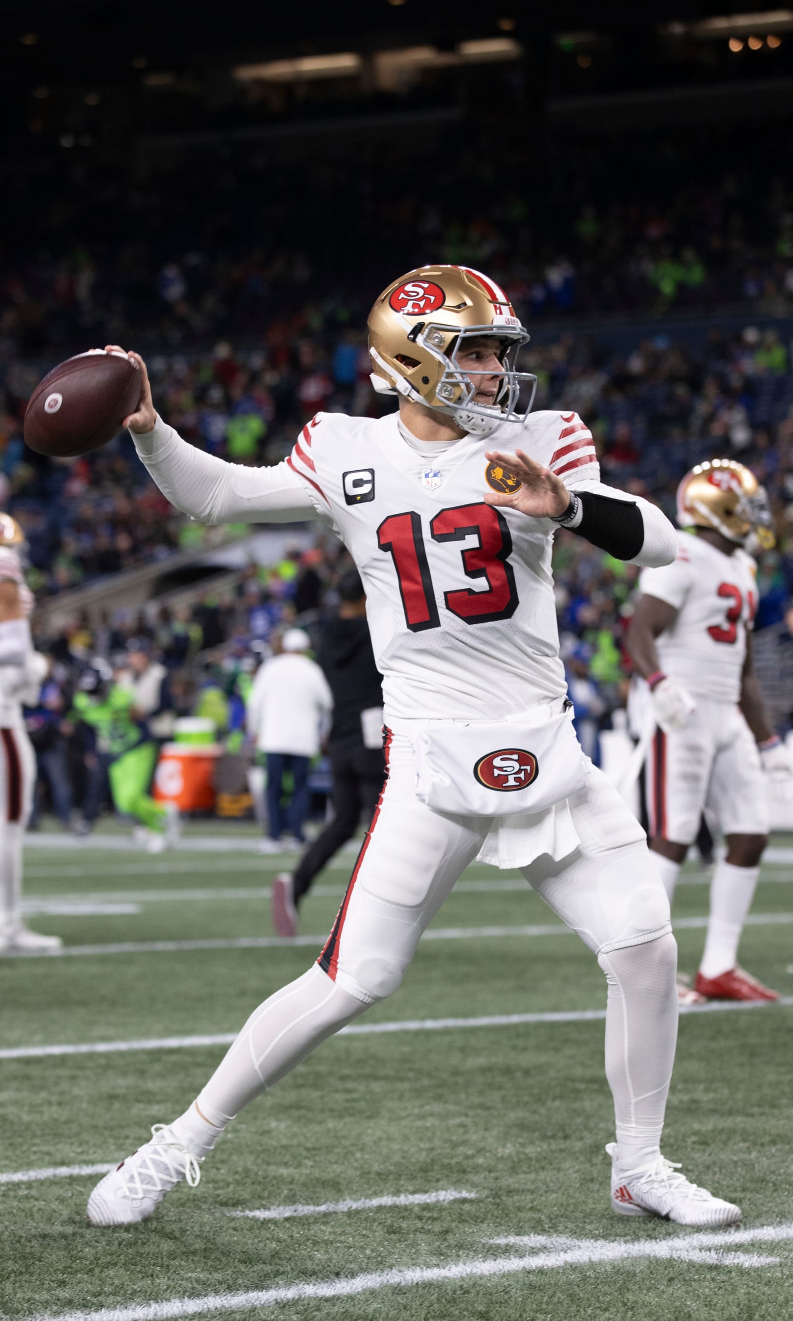 SEATTLE, WA - NOVEMBER 23: Brock Purdy #13 of the San Francisco 49ers before the game against the Seattle Seahawks at Levi's Stadium on November 23, 2023 in Seattle, Washington. The 49ers defeated the Seahawks 31-13. (Photo by Michael Zagaris/San Francisco 49ers/Getty Images)
