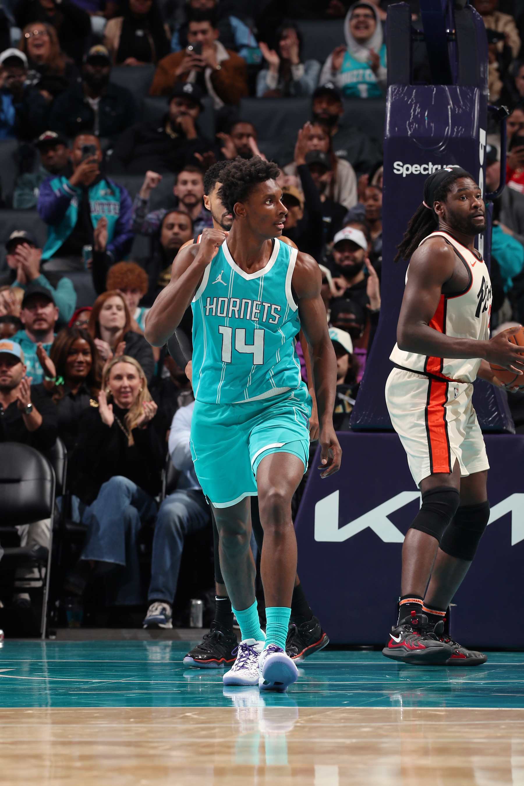CHARLOTTE, NC - NOVEMBER 21: Moussa Diabate #14 of the Charlotte Hornets celebrates during the game against the Detroit Pistons on November 21, 2024 at Spectrum Center in Charlotte, North Carolina. NOTE TO USER: User expressly acknowledges and agrees that, by downloading and or using this photograph, User is consenting to the terms and conditions of the Getty Images License Agreement. Mandatory Copyright Notice: Copyright 2024 NBAE (Photo by Kent Smith/NBAE via Getty Images)