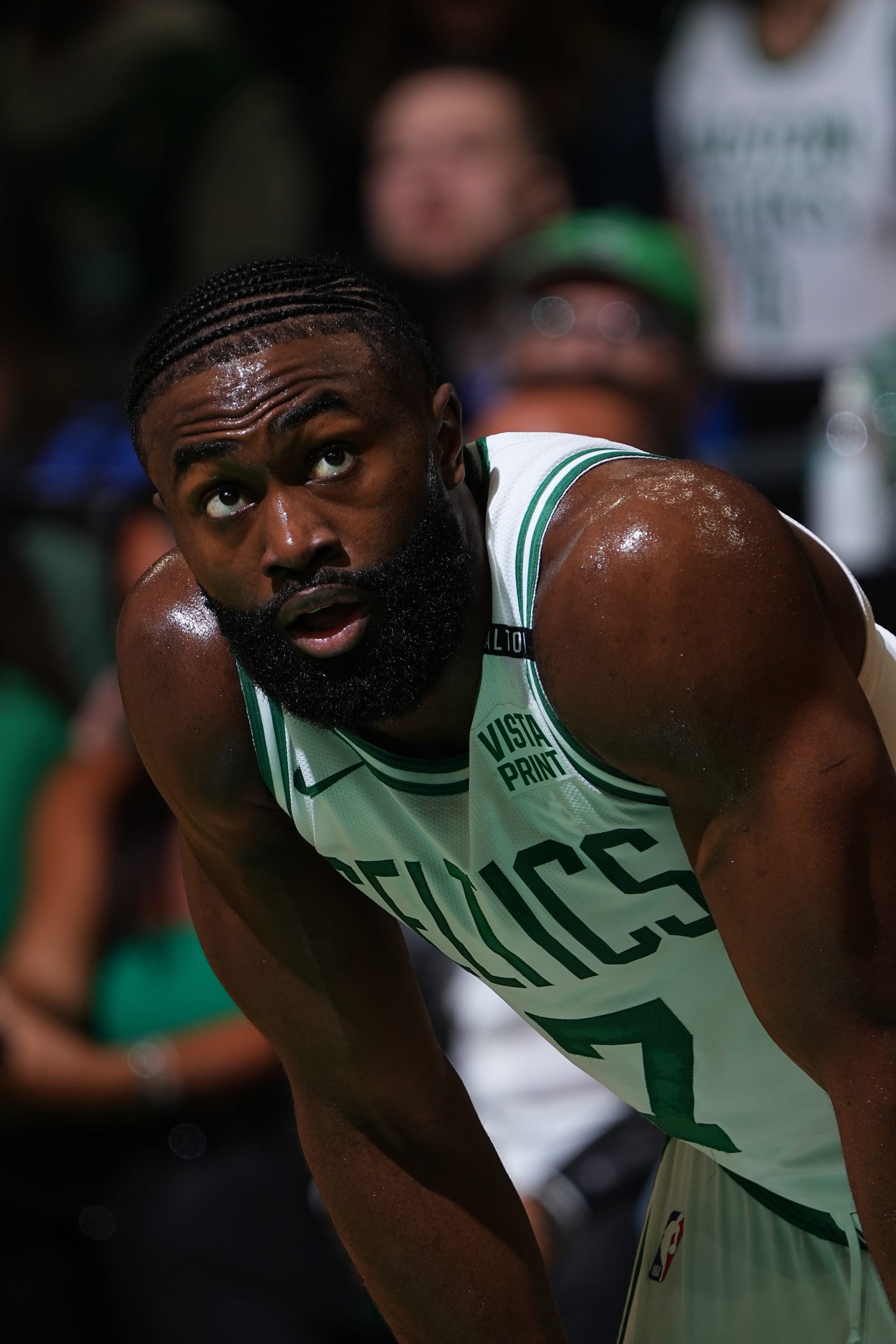 BOSTON, MA - JUNE 6:  Jaylen Brown #7 of the Boston Celtics looks on during the game against the Dallas Mavericks during Game 1 of the 2024 NBA Finals on June 6, 2024 at the TD Garden in Boston, Massachusetts. NOTE TO USER: User expressly acknowledges and agrees that, by downloading and or using this photograph, User is consenting to the terms and conditions of the Getty Images License Agreement. Mandatory Copyright Notice: Copyright 2024 NBAE  (Photo by Garrett Ellwood/NBAE via Getty Images)