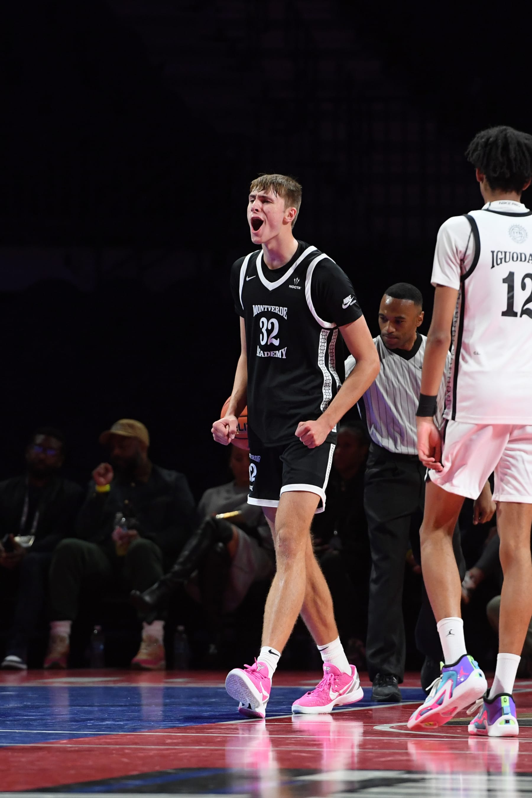 LAS VEGAS, NV - DECEMBER 8: Cooper Flagg #32 of Montverde Academy celebrates during the game against the Link Academy during the 2023 EYBL Scholastic Showcase on December 8, 2023 at T-Mobile Arena in Las Vegas, Nevada. NOTE TO USER: User expressly acknowledges and agrees that, by downloading and or using this photograph, User is consenting to the terms and conditions of the Getty Images License Agreement. Mandatory Copyright Notice: Copyright 2023 NBAE (Photo by Juan Ocampo/NBAE via Getty Images)