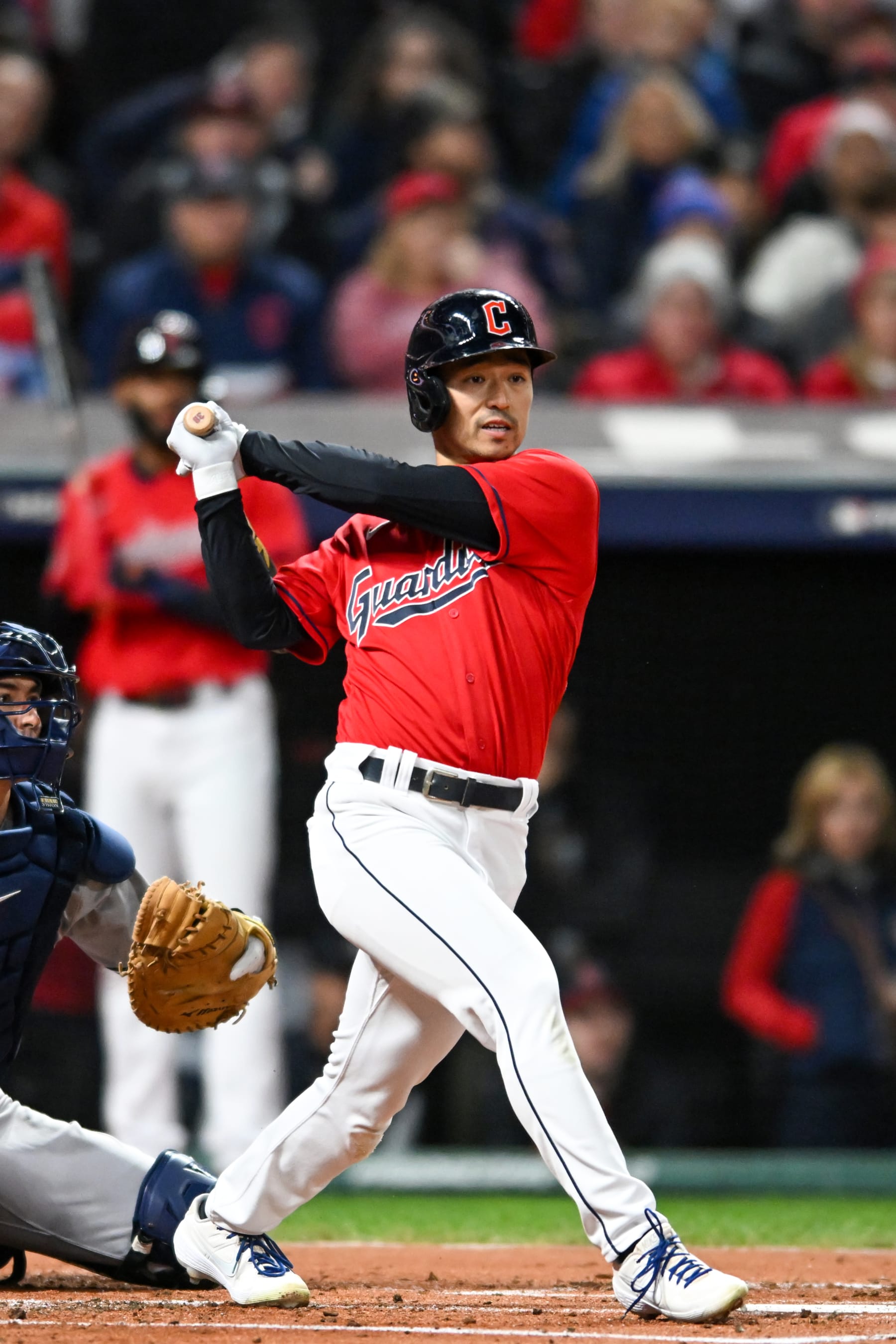 CLEVELAND, OH - OCTOBER 15, 2022: Steven Kwan #38 of the Cleveland Guardians hits a double during the first inning in Game 3 of the American League Division Series against the New York Yankees at Progressive Field on October 15, 2022 in Cleveland, Ohio. (Photo by Nick Cammett/Diamond Images via Getty Images)
