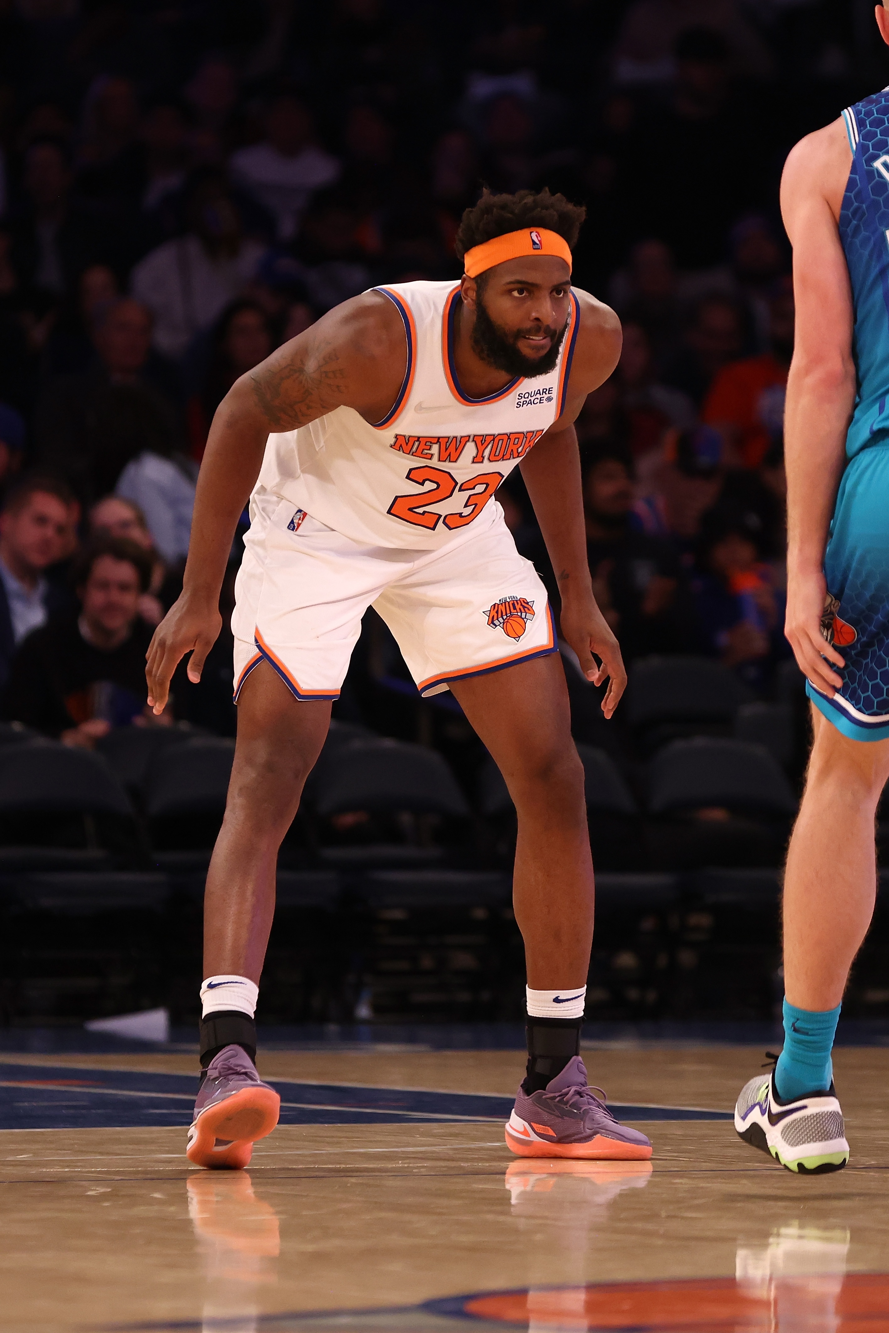 NEW YORK, NEW YORK - MARCH 30: Mitchell Robinson #23 of the New York Knicks in action against the Charlotte Hornets at Madison Square Garden on March 30, 2022 in New York City. NOTE TO USER: User expressly acknowledges and agrees that, by downloading and or using this photograph, User is consenting to the terms and conditions of the Getty Images License Agreement. Charlotte Hornets defeated the New York Knicks 125-114. (Photo by Mike Stobe/Getty Images)