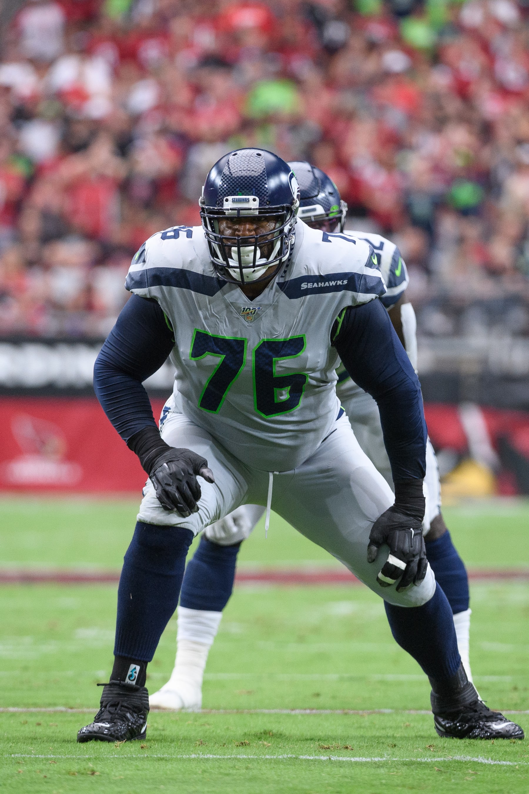 GLENDALE, ARIZONA - SEPTEMBER 29: Offensive tackle Duane Brown #76 of the Seattle Seahawks in action during the NFL game against the Arizona Cardinals at State Farm Stadium on September 29, 2019 in Glendale, Arizona. The Seahawks won 27 to 10. (Photo by Jennifer Stewart/Getty Images)