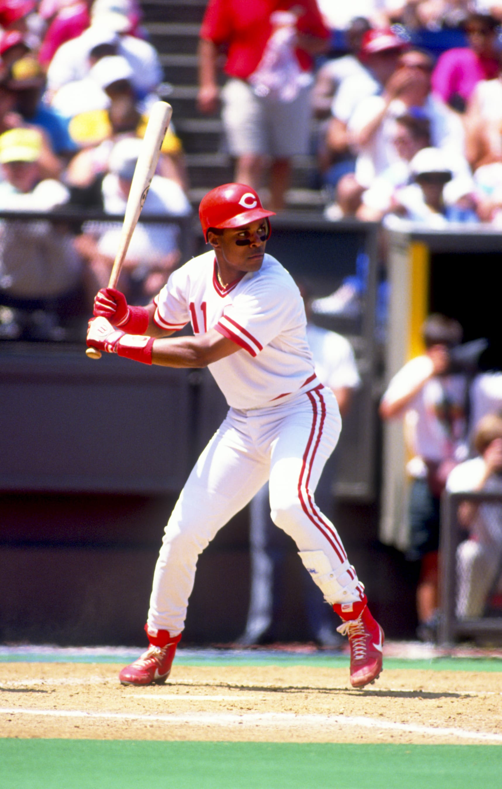 CINCINNATI-CIRCA 1992:  Barry Larkin of the Cincinnati Reds bats during an MLB game at Riverfront Stadium in Cincinnati, Ohio.  Larkin played for the Reds from 1986-2004.   (Photo by Ron Vesely/MLB Photos via Getty Images)  