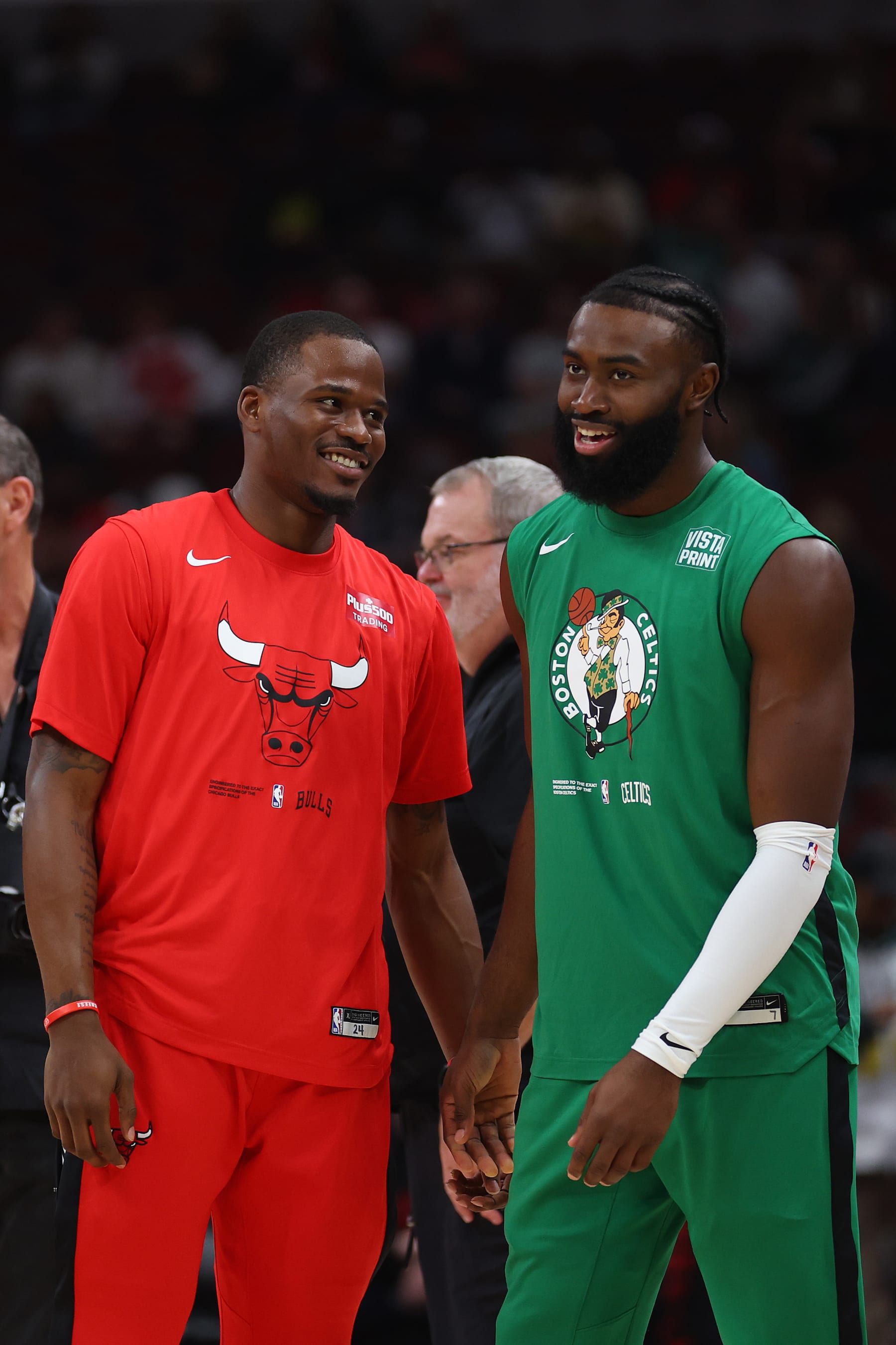 CHICAGO, ILLINOIS - OCTOBER 24: Javonte Green #24 of the Chicago Bulls and Jaylen Brown #7 of the Boston Celtics chat prior to the game at United Center on October 24, 2022 in Chicago, Illinois. NOTE TO USER: User expressly acknowledges and agrees that, by downloading and or using this photograph, User is consenting to the terms and conditions of the Getty Images License Agreement. (Photo by Michael Reaves/Getty Images) CHICAGO, ILLINOIS - OCTOBER 24: Javonte Green #24 of the Chicago Bulls and Jaylen Brown #7 of the Boston Celtics chat prior to the game at United Center on October 24, 2022 in Chicago, Illinois. NOTE TO USER: User expressly acknowledges and agrees that, by downloading and or using this photograph, User is consenting to the terms and conditions of the Getty Images License Agreement. (Photo by Michael Reaves/Getty Images)