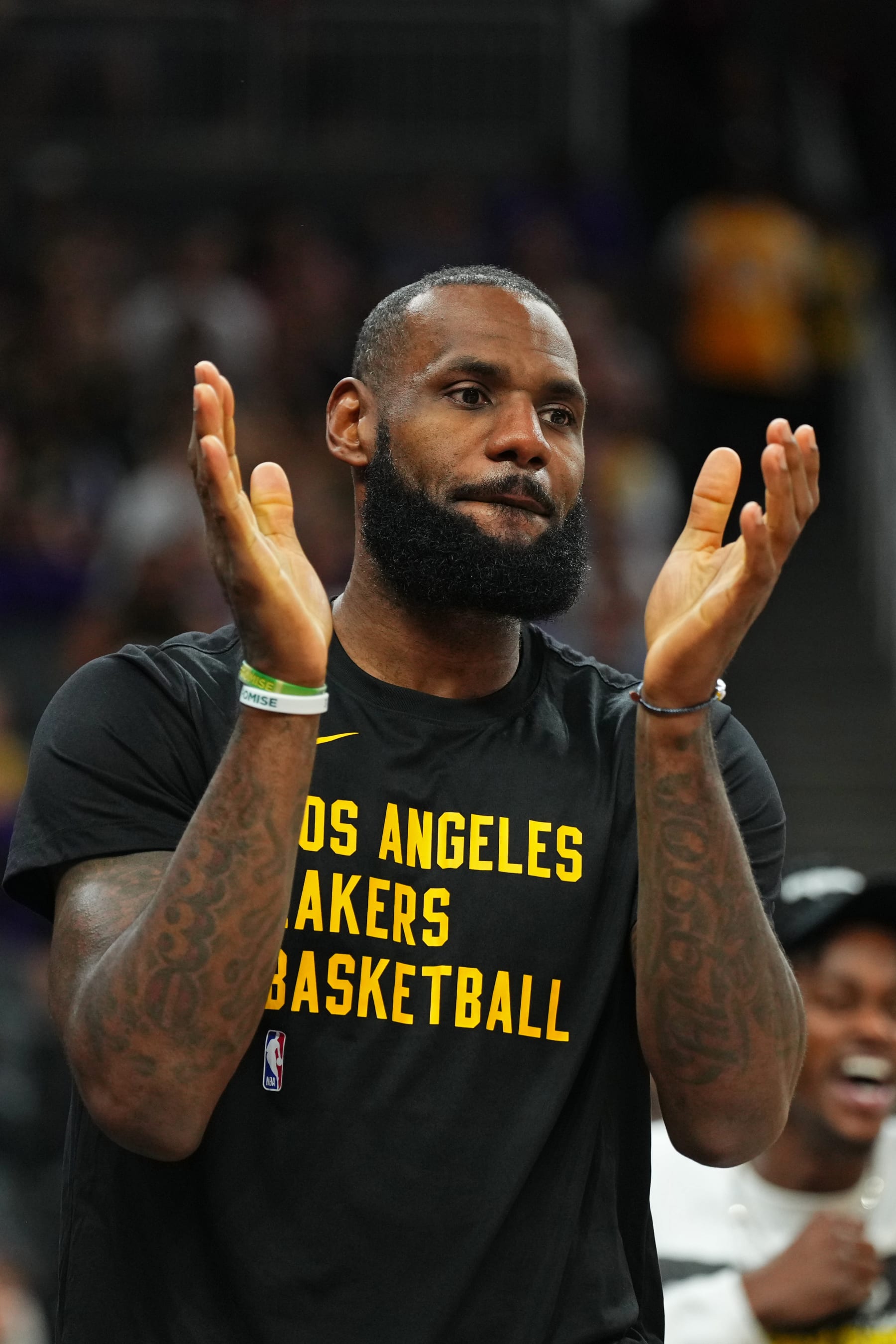 LAS VEGAS, NV - OCTOBER 9: LeBron James #23 of the Los Angeles Lakers celebrates during the game against the Brooklyn Nets on October 9, 2023 at T-Mobile Arena in Las Vegas, Nevada. NOTE TO USER: User expressly acknowledges and agrees that, by downloading and or using this photograph, User is consenting to the terms and conditions of the Getty Images License Agreement. Mandatory Copyright Notice: Copyright 2023 NBAE (Photo by Jeff Bottari/NBAE via Getty Images)