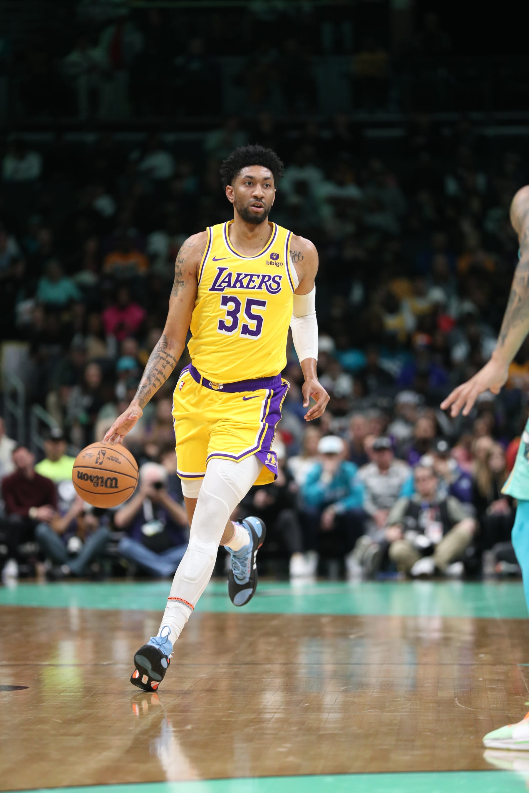 CHARLOTTE, NC - FEBRUARY 5: Christian Wood #35 of the Los Angeles Lakers handles the ball during the game  against the Charlotte Hornets on February 5, 2024 at Spectrum Center in Charlotte, North Carolina. NOTE TO USER: User expressly acknowledges and agrees that, by downloading and or using this photograph, User is consenting to the terms and conditions of the Getty Images License Agreement.  Mandatory Copyright Notice:  Copyright 2024 NBAE (Photo by Brock Williams-Smith/NBAE via Getty Images)