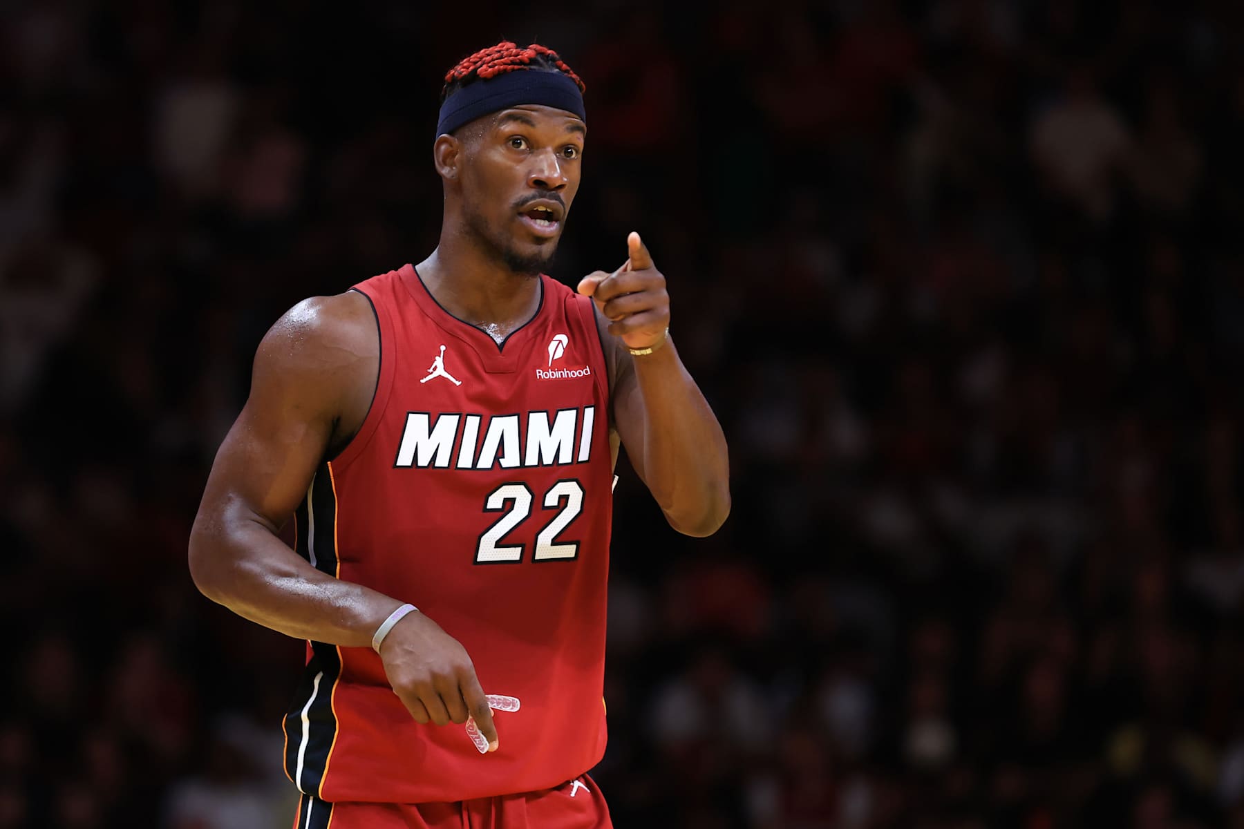 MIAMI, FLORIDA - NOVEMBER 26: Jimmy Butler #22 of the Miami Heat reacts against the Milwaukee Bucks during the fourth quarter of the Emirates NBA Cup at Kaseya Center on November 26, 2024 in Miami, Florida. NOTE TO USER: User expressly acknowledges and agrees that, by downloading and or using this photograph, User is consenting to the terms and conditions of the Getty Images License Agreement. (Photo by Megan Briggs/Getty Images)