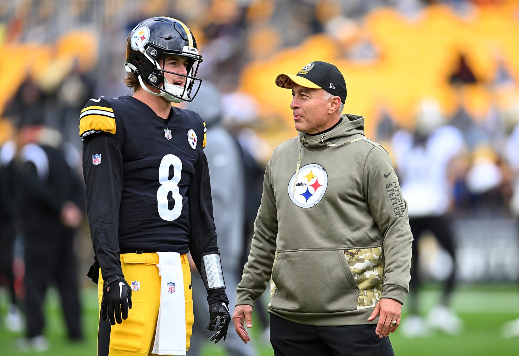 PITTSBURGH, PA - NOVEMBER 13:  Kenny Pickett #8 of the Pittsburgh Steelers talks with quarterbacks coach Mike Sullivan prior to the game against the New Orleans Saints at Acrisure Stadium on November 13, 2022 in Pittsburgh, Pennsylvania. (Photo by Joe Sargent/Getty Images)