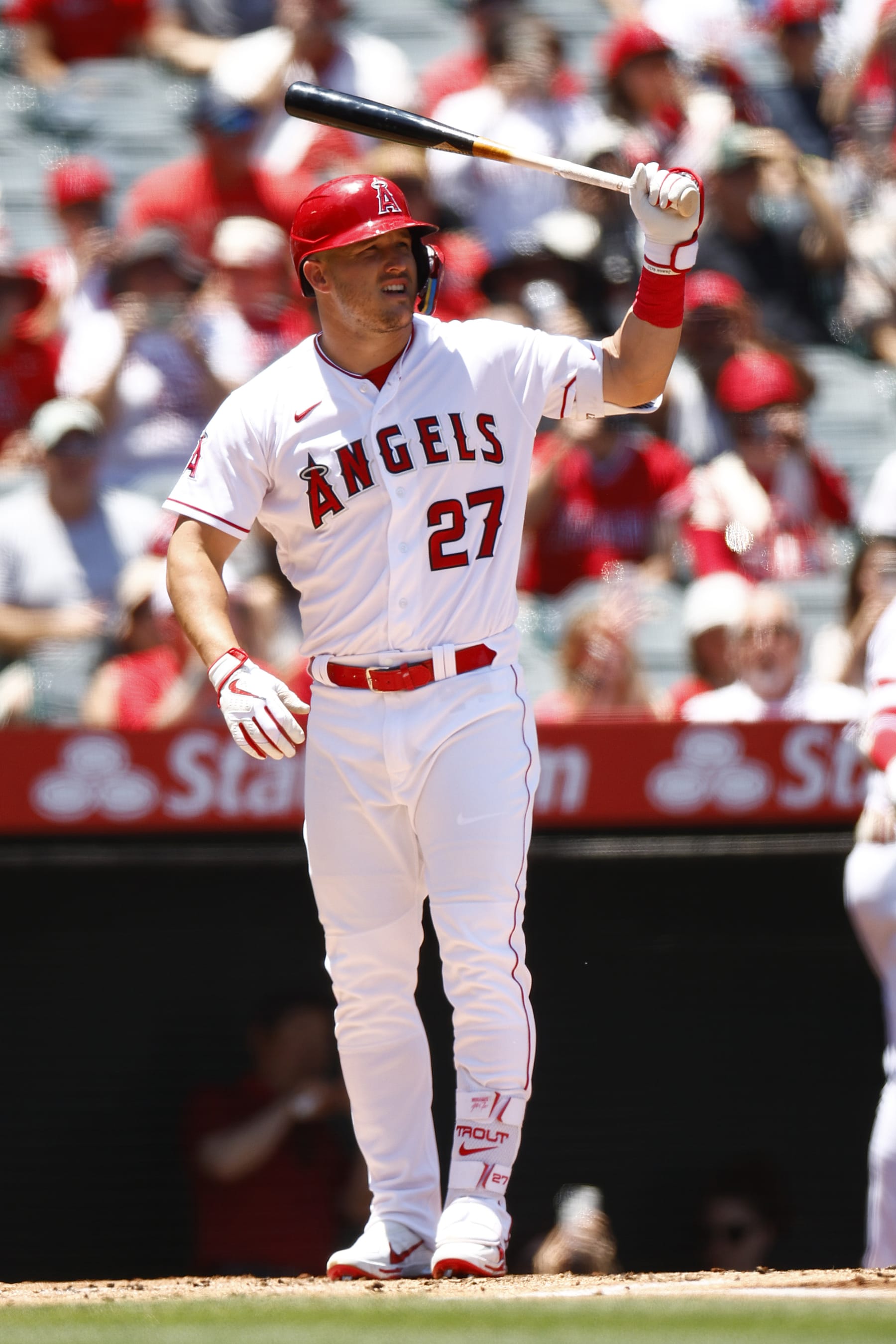 ANAHEIM, CALIFORNIA - JULY 02:   Mike Trout #27 of the Los Angeles Angels at Angel Stadium of Anaheim on July 02, 2023 in Anaheim, California. (Photo by Ronald Martinez/Getty Images)