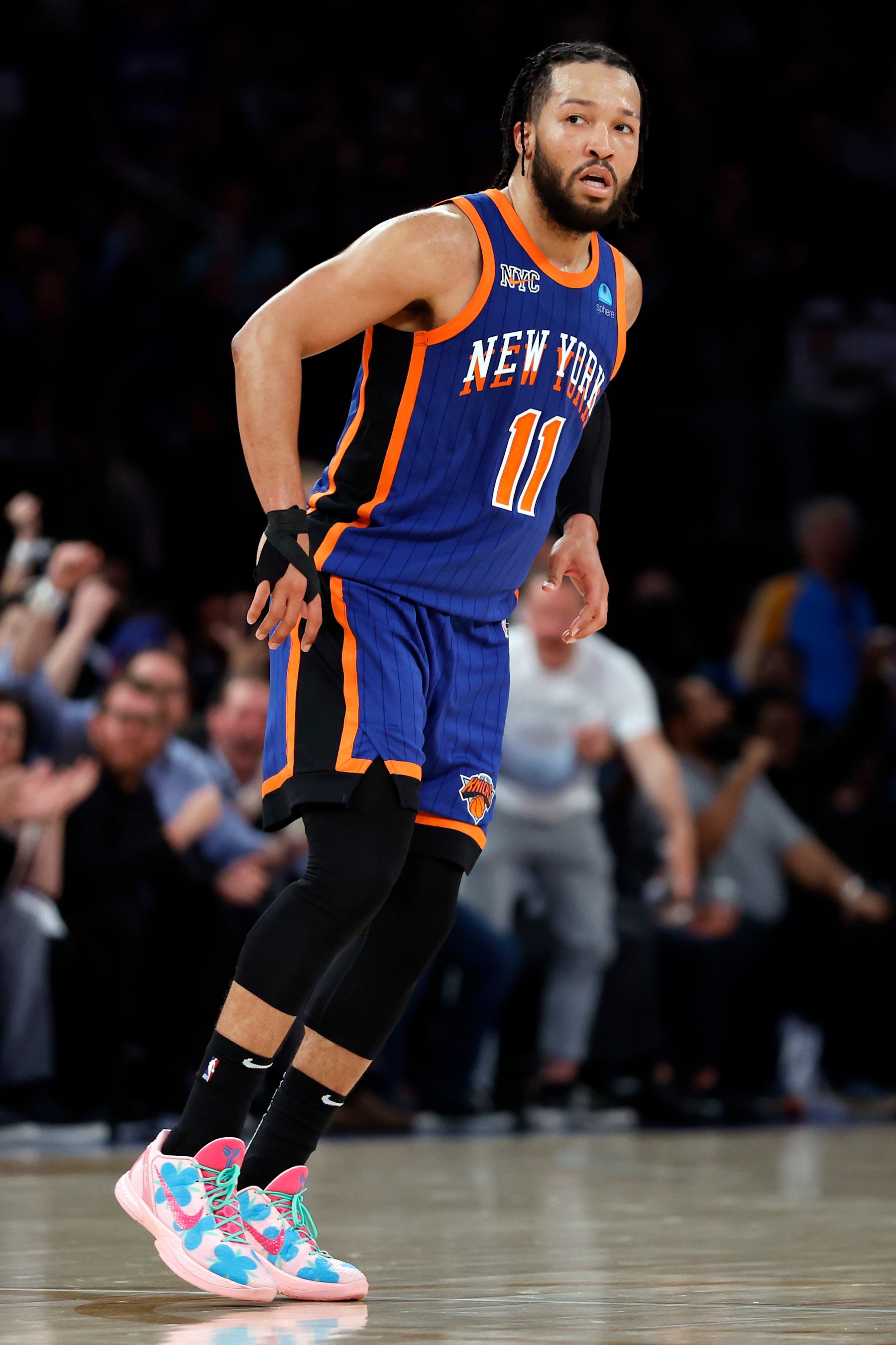 NEW YORK, NEW YORK - MAY 14: Jalen Brunson #11 of the New York Knicks looks on during Game Five of the Eastern Conference Second Round Playoffs against the Indiana Pacers at Madison Square Garden on May 14, 2024 in New York City. The Knicks won 121-91. NOTE TO USER: User expressly acknowledges and agrees that, by downloading and or using this photograph, User is consenting to the terms and conditions of the Getty Images License Agreement. (Photo by Sarah Stier/Getty Images)