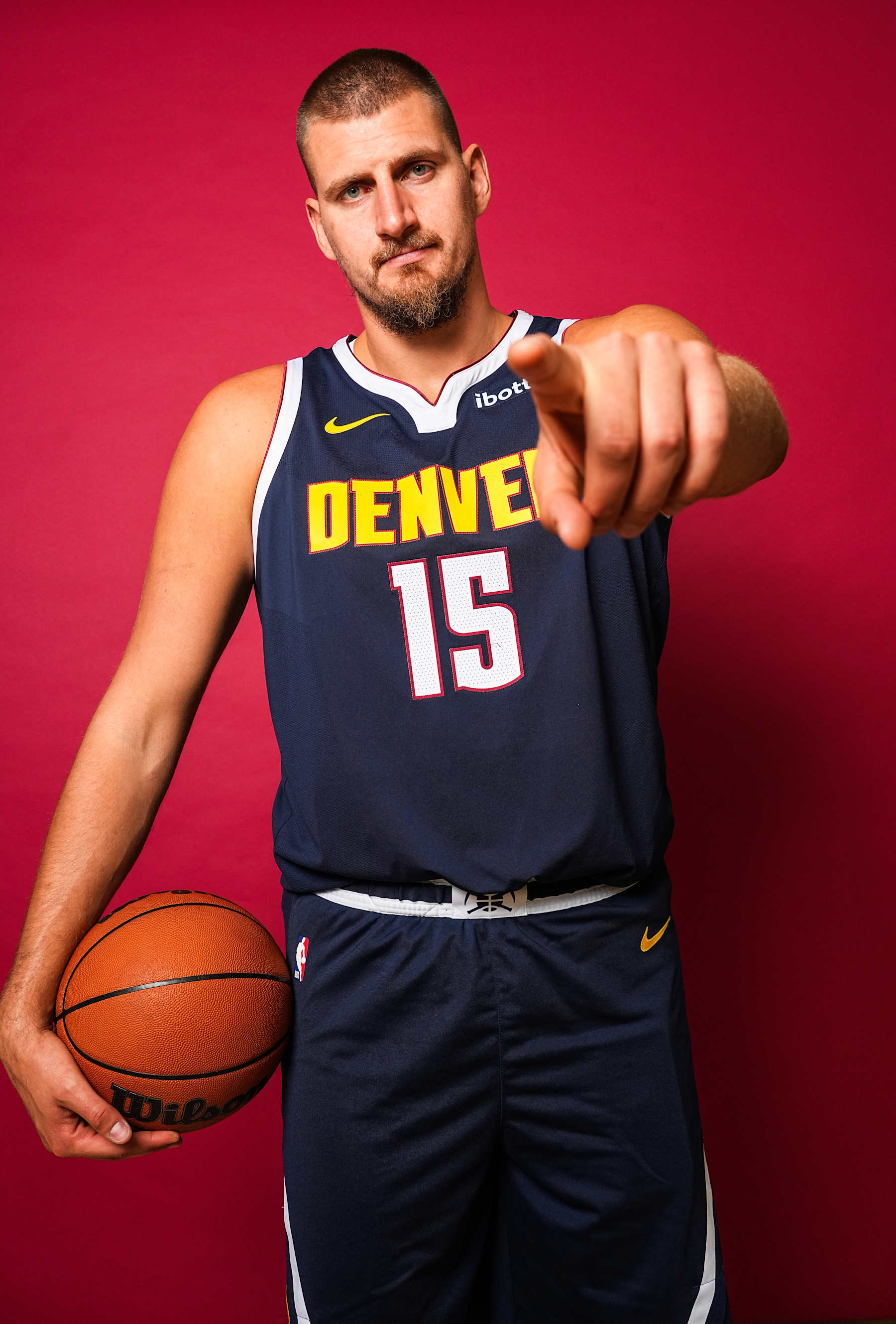 DENVER, CO - SEPTEMBER 26: Nikola Jokic #15 of the Denver Nuggets poses for a portrait during 2024-25 NBA Media Day on September 26, 2023 at the Ball Arena in Denver, Colorado. NOTE TO USER: User expressly acknowledges and agrees that, by downloading and/or using this Photograph, user is consenting to the terms and conditions of the Getty Images License Agreement. Mandatory Copyright Notice: Copyright 2024 NBAE (Photo by Bart Young/NBAE via Getty Images)