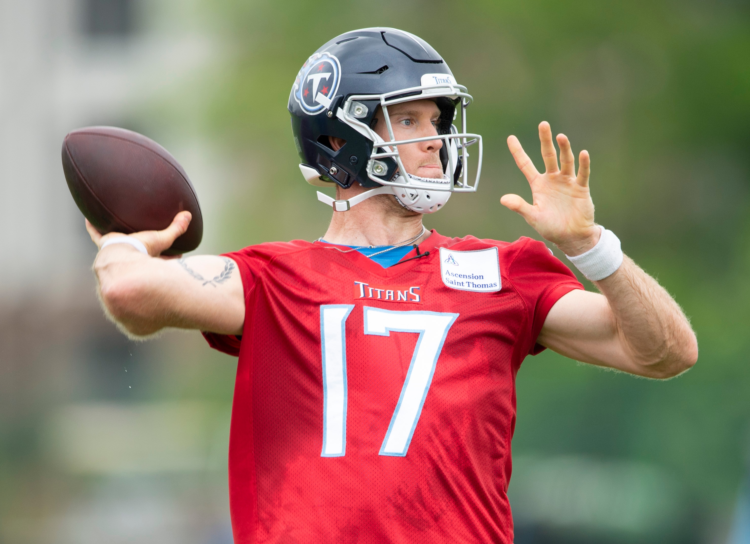 Tennessee Titans quarterback Ryan Tannehill throws a pass during an NFL football practice Thursday, June 10, 2021, in Nashville, Tenn. (George Walker IV/Pool Photo via AP)