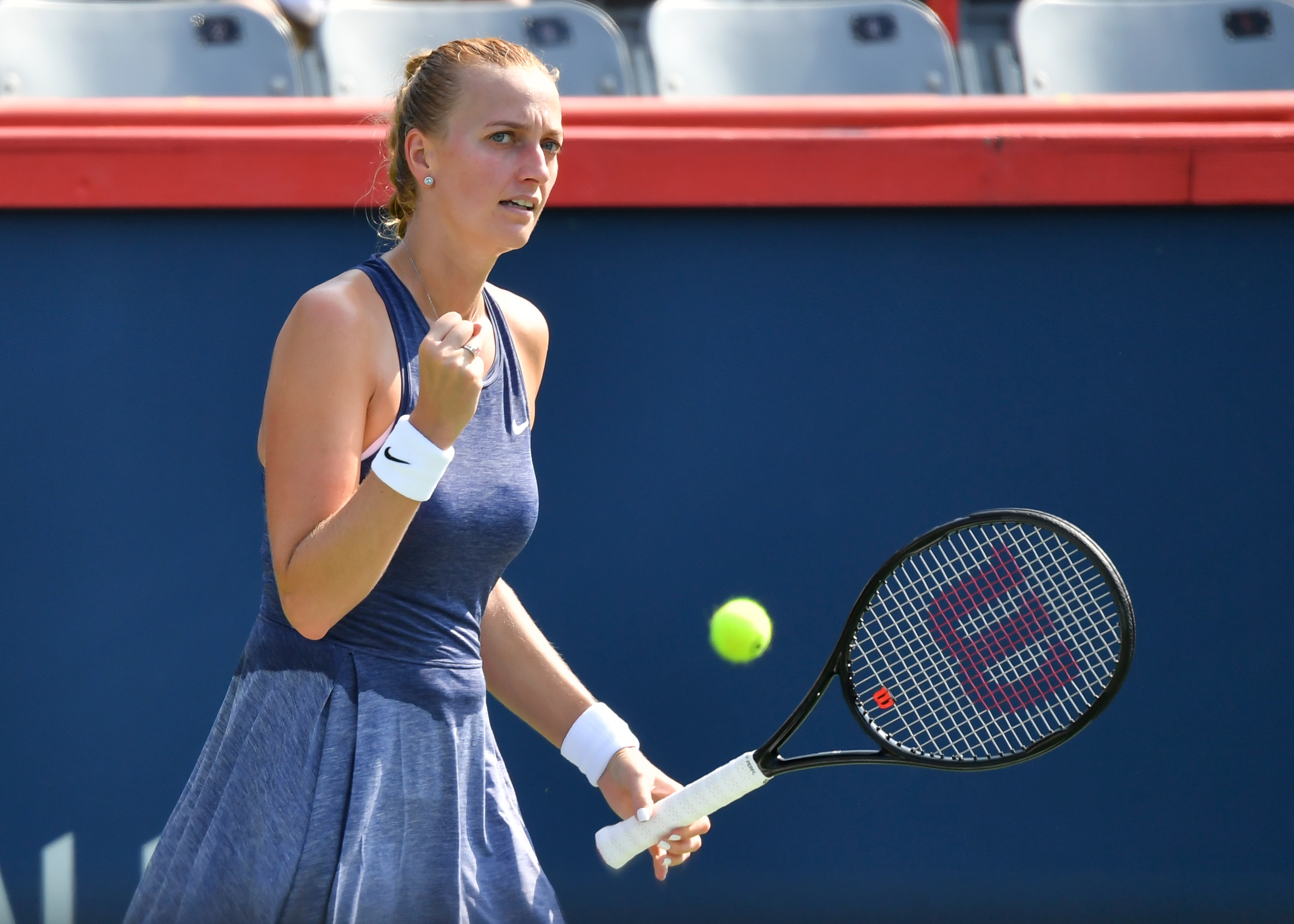 MONTREAL, QC - AUGUST 10:  Petra Kvitova of the Czech Republic reacts after scoring a point in the second set during her Womens Singles match against Fiona Ferro of France on Day Two of the National Bank Open presented by Rogers at IGA Stadium on August 10, 2021 in Montreal, Canada.  (Photo by Minas Panagiotakis/Getty Images)