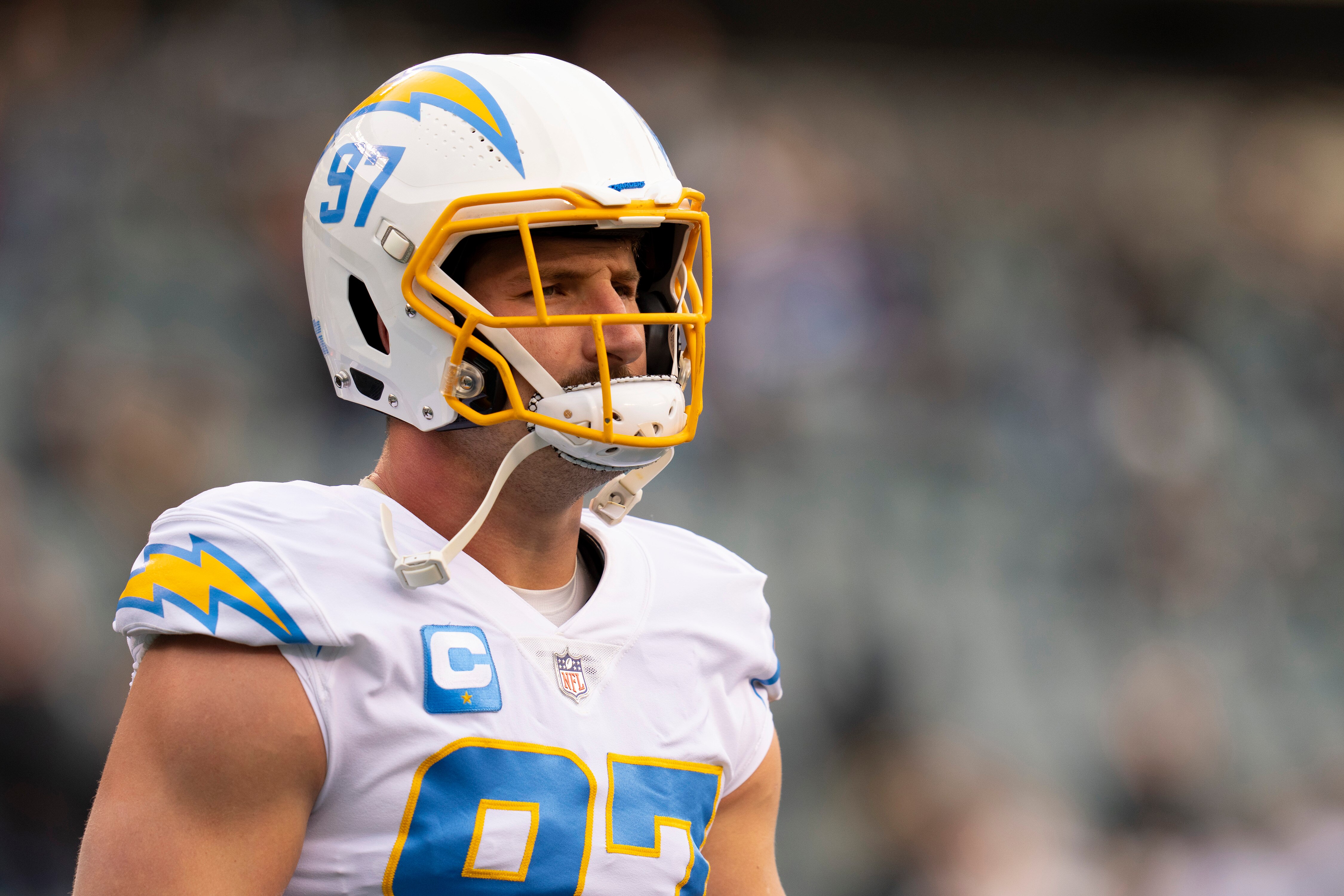 PHILADELPHIA, PA - NOVEMBER 07: Joey Bosa #97 of the Los Angeles Chargers looks on prior to the game against the Philadelphia Eagles at Lincoln Financial Field on November 7, 2021 in Philadelphia, Pennsylvania. (Photo by Mitchell Leff/Getty Images)