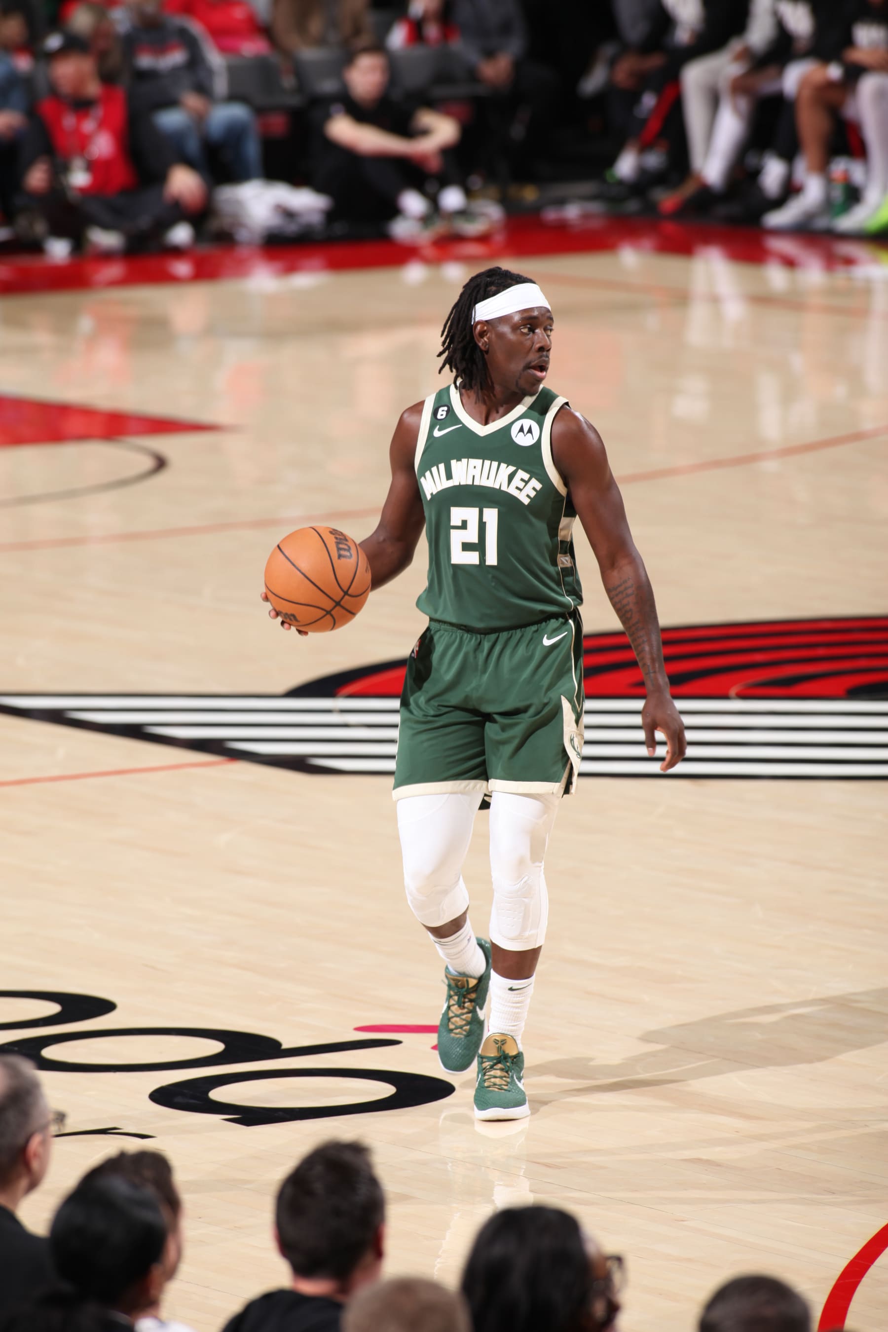 PORTLAND, OR - FEBUARY 6:  Jrue Holiday #21 of the Milwaukee Bucks goes to the basket during the game  on Febuary 6, 2023 at the Moda Center Arena in Portland, Oregon. NOTE TO USER: User expressly acknowledges and agrees that, by downloading and or using this photograph, user is consenting to the terms and conditions of the Getty Images License Agreement. Mandatory Copyright Notice: Copyright 2023 NBAE (Photo by Cameron Browne/NBAE via Getty Images)