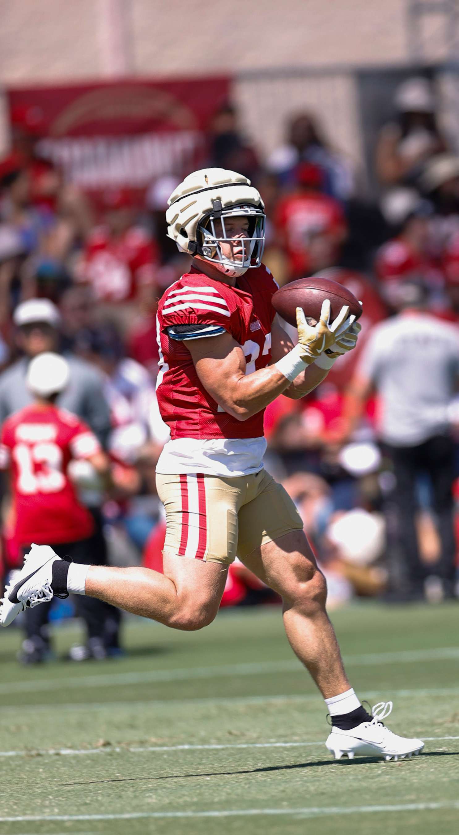 SANTA CLARA, CA - JULY 31: Christian McCaffrey #23 of the San Francisco 49ers during training camp at SAP Performance Facility on July 31, 2024 in Santa Clara, California. (Photo by Michael Zagaris/San Francisco 49ers/Getty Images)