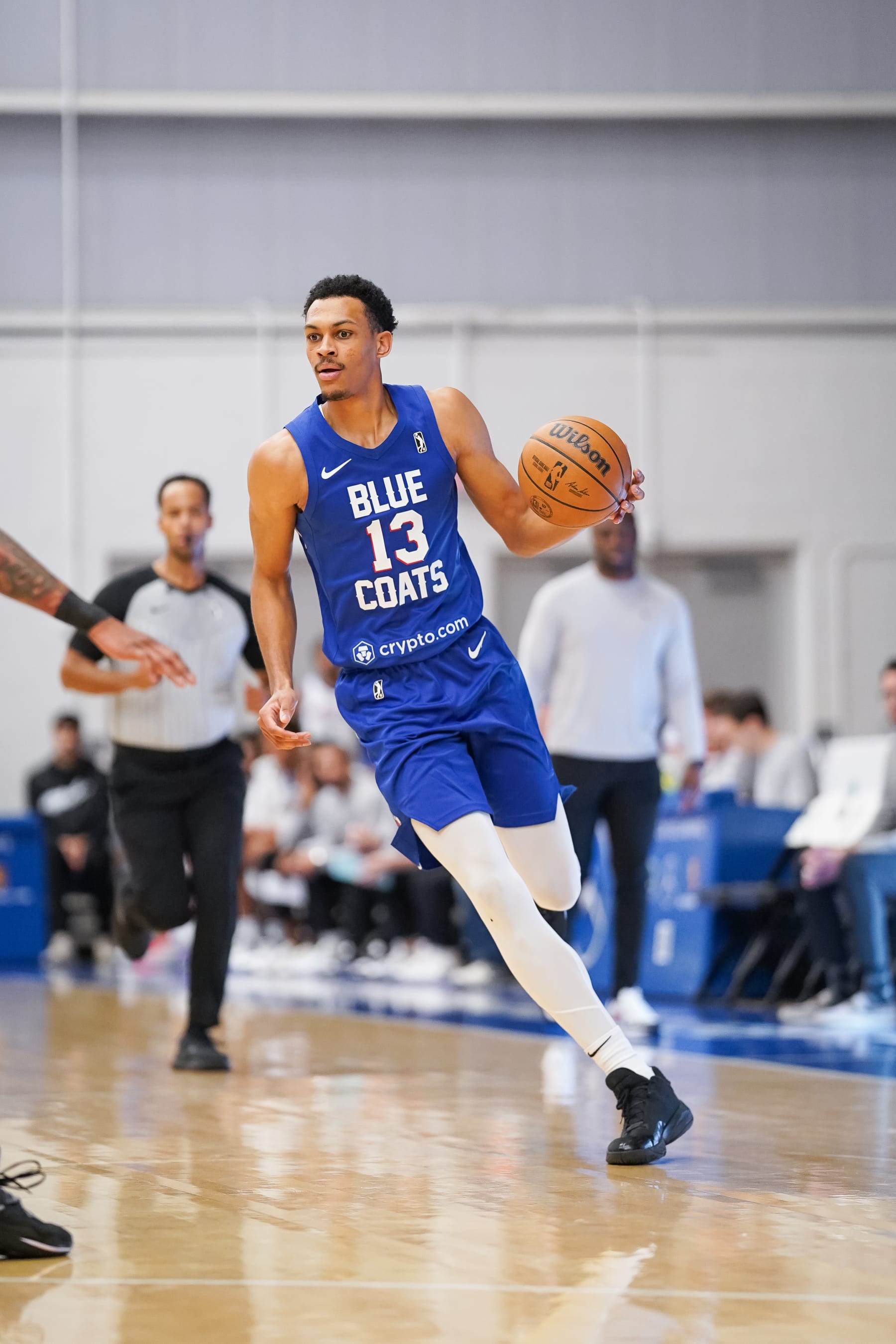 WILMINGTON, DE - DECEMBER16: Darius Bazley #13 of the Delaware Blue Coats dribbles the ball during the game against the Long Island Nets on December 16, 2023 at Chase Field House in Wilmington, Delaware. NOTE TO USER: User expressly acknowledges and agrees that, by downloading and or using this photograph, user is consenting to the terms and conditions of Getty Images License Agreement. Mandatory Copyright Notice: Copyright 2023 NBAE (Photo by Denis Kennedy/NBAE via Getty Images)