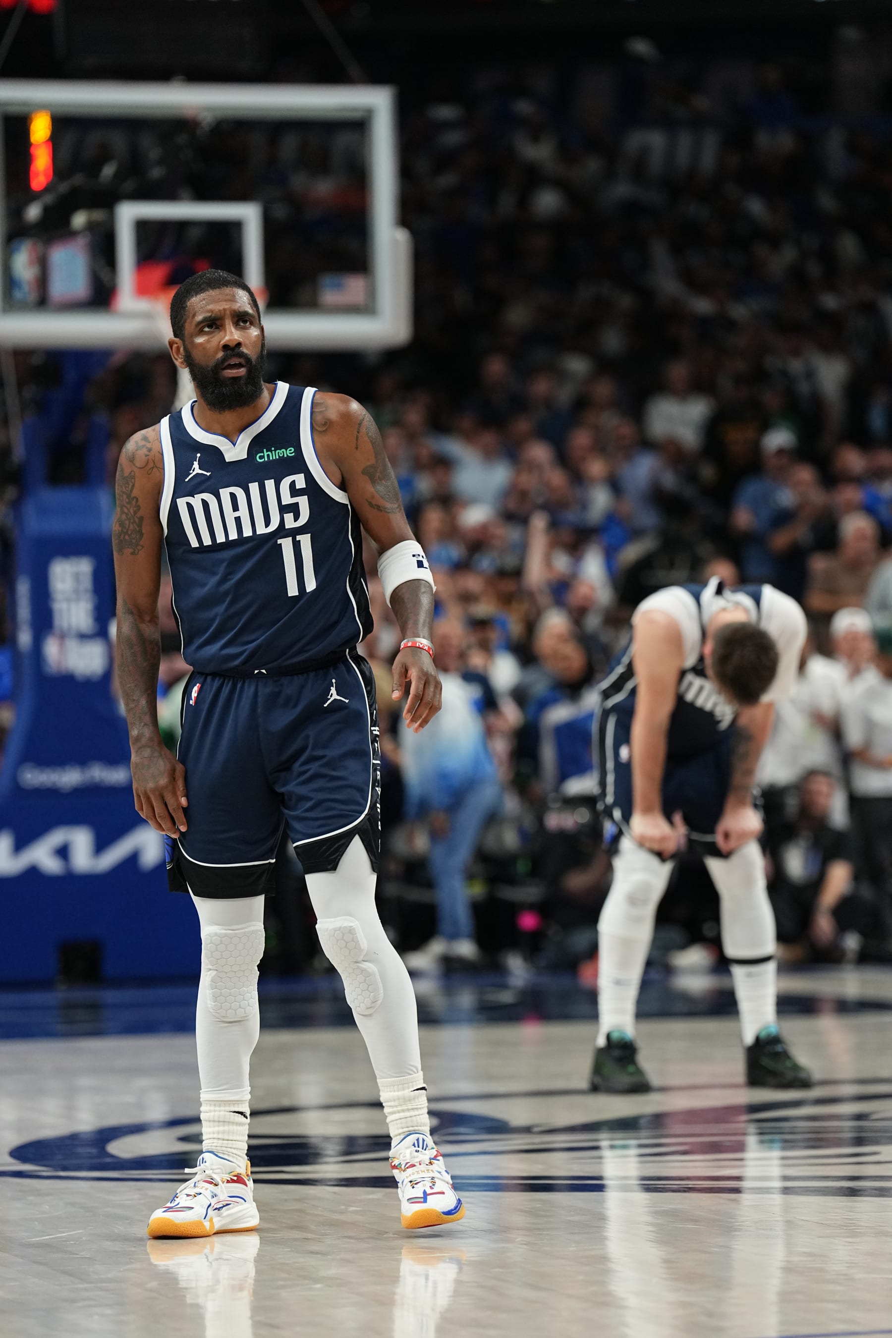 DALLAS, TX - APRIL 28: Kyrie Irving #11 of the Dallas Mavericks looks on during the game against the LA Clippers during Round 1 Game 4 of the 2024NBA Playoffs on April 28, 2024 at the American Airlines Center in Dallas, Texas. NOTE TO USER: User expressly acknowledges and agrees that, by downloading and or using this photograph, User is consenting to the terms and conditions of the Getty Images License Agreement. Mandatory Copyright Notice: Copyright 2024 NBAE (Photo by Glenn James/NBAE via Getty Images)