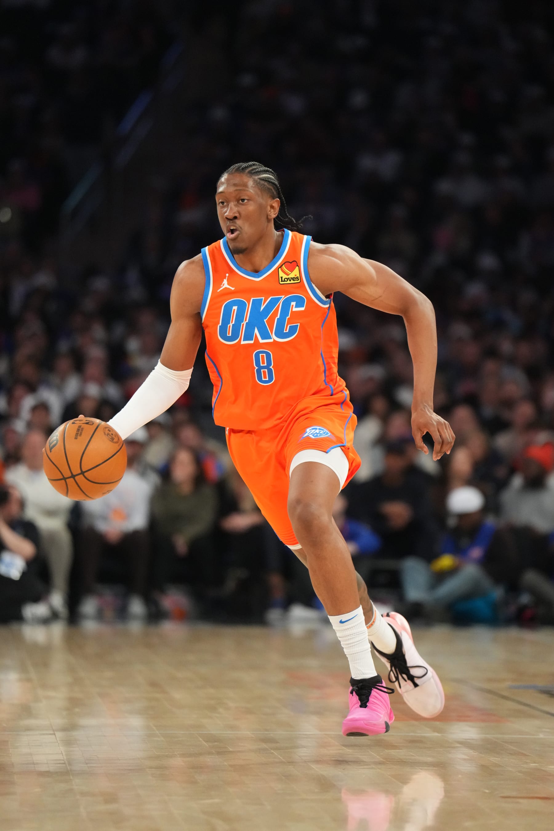 NEW YORK, NY - MARCH 31: Jalen Williams #8 of the Oklahoma City Thunder dribbles the ball during the game against the New York Knicks on March 31, 2024 at Madison Square Garden in New York City, New York.  NOTE TO USER: User expressly acknowledges and agrees that, by downloading and or using this photograph, User is consenting to the terms and conditions of the Getty Images License Agreement. Mandatory Copyright Notice: Copyright 2024 NBAE  (Photo by Jesse D. Garrabrant/NBAE via Getty Images)