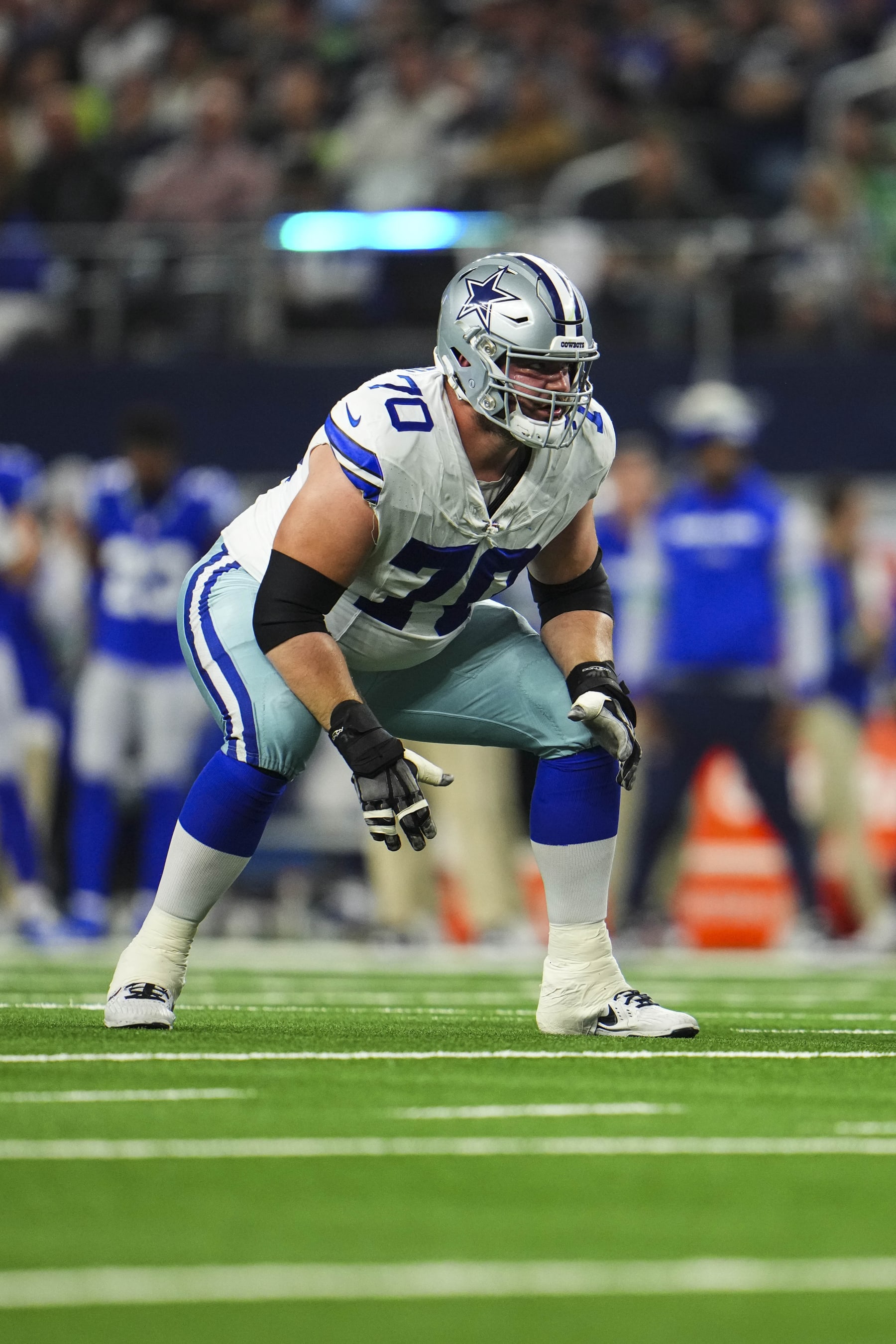 ARLINGTON, TX - NOVEMBER 30: Zack Martin #70 of the Dallas Cowboys lines up during an NFL football game against the Seattle Seahawks at AT&T Stadium on November 30, 2023 in Arlington, Texas. (Photo by Cooper Neill/Getty Images)