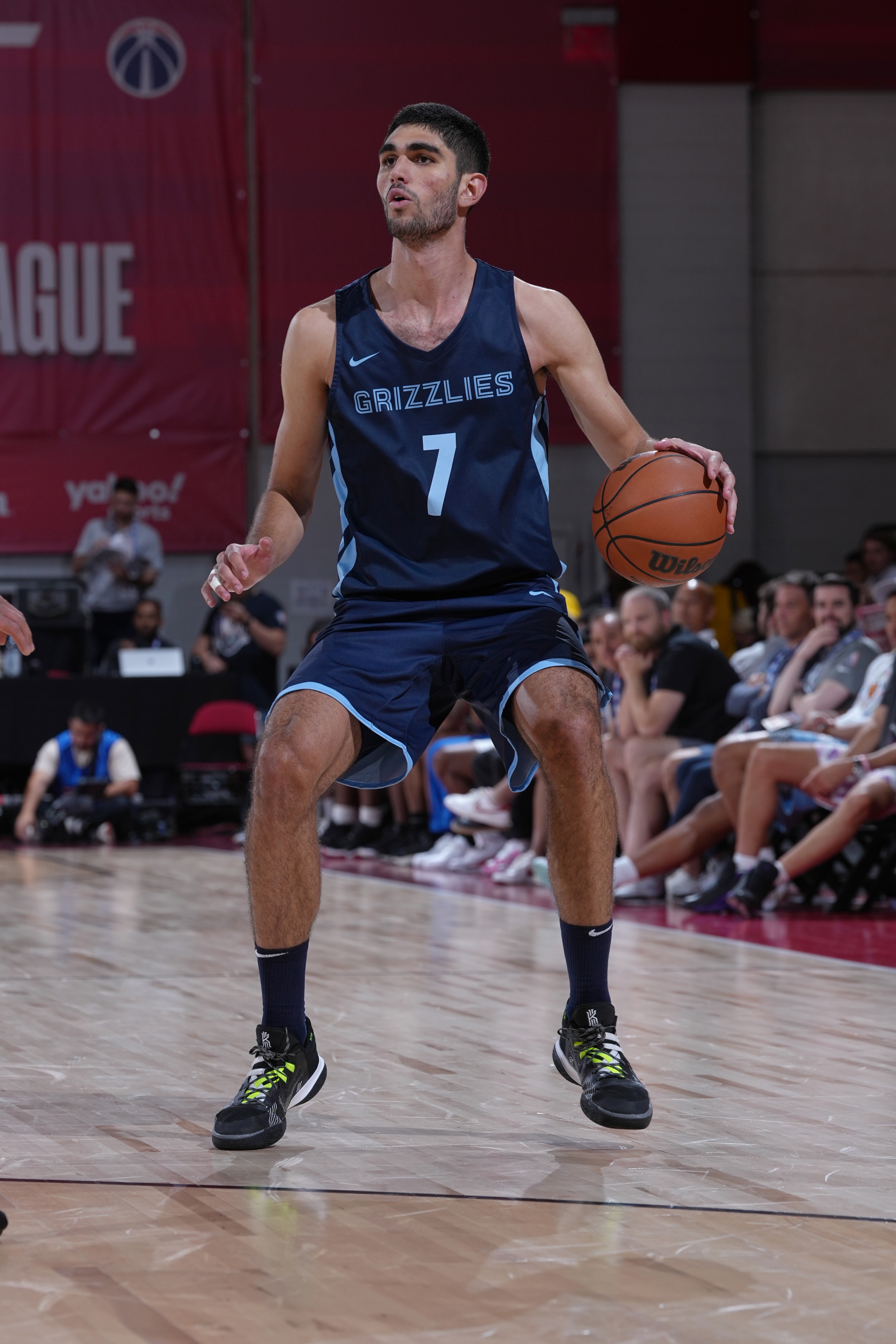LAS VEGAS, NV - JULY 12: Santi Aldama #7 of the Memphis Grizzlies dribbles the ball against the Brooklyn Nets during the 2022 Las Vegas Summer League on July 12, 2022 at the Cox Pavilion in Las Vegas, Nevada NOTE TO USER: User expressly acknowledges and agrees that, by downloading and/or using this Photograph, user is consenting to the terms and conditions of the Getty Images License Agreement. Mandatory Copyright Notice: Copyright 2022 NBAE (Photo by Jeff Bottari/NBAE via Getty Images)