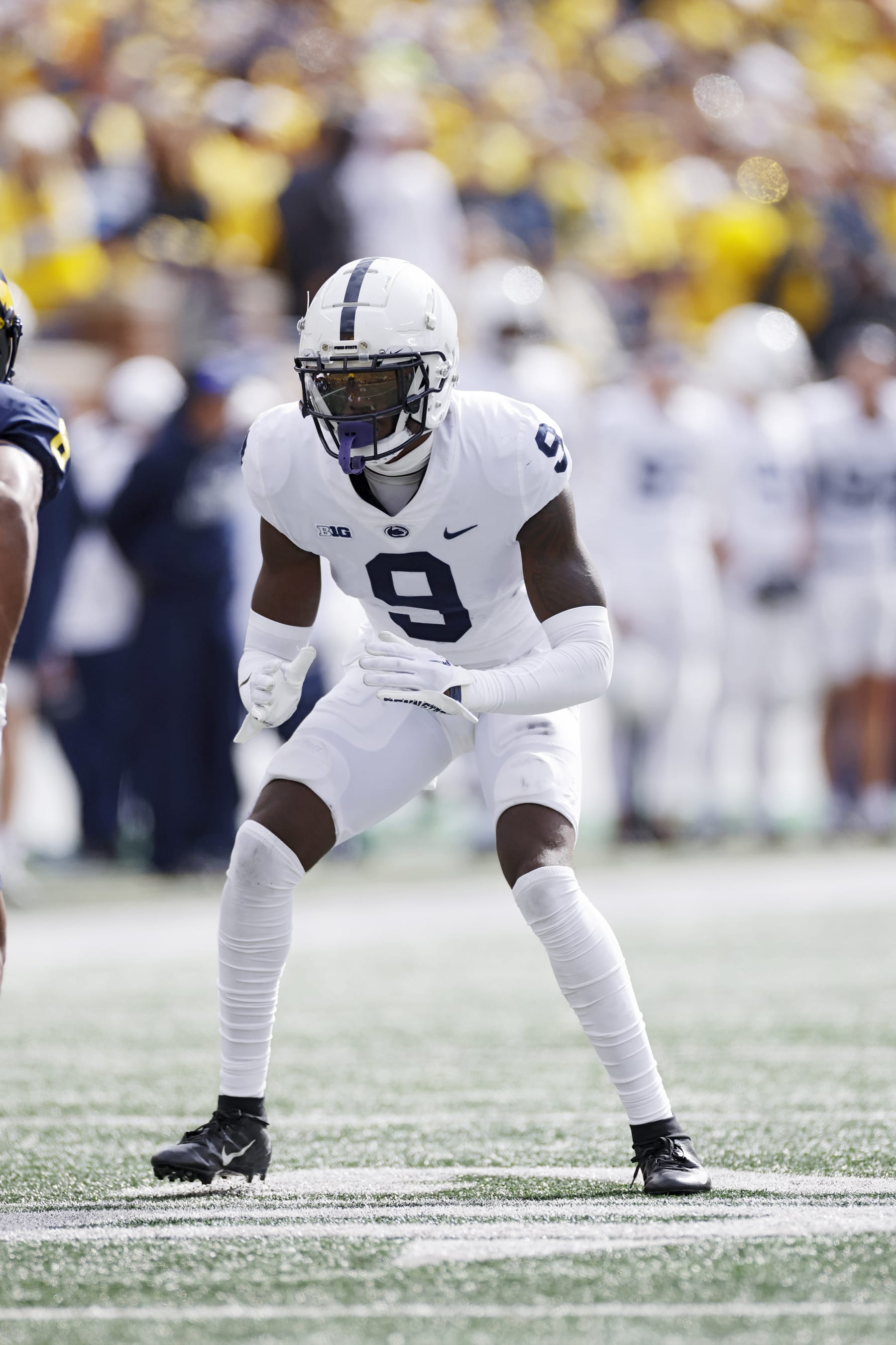 ANN ARBOR, MI - OCTOBER 15: Penn State Nittany Lions cornerback Joey Porter Jr. (9) lines up on defense during a college football game against the Michigan Wolverines on October 15, 2022 at Michigan Stadium in Ann Arbor, Michigan. (Photo by Joe Robbins/Icon Sportswire via Getty Images)