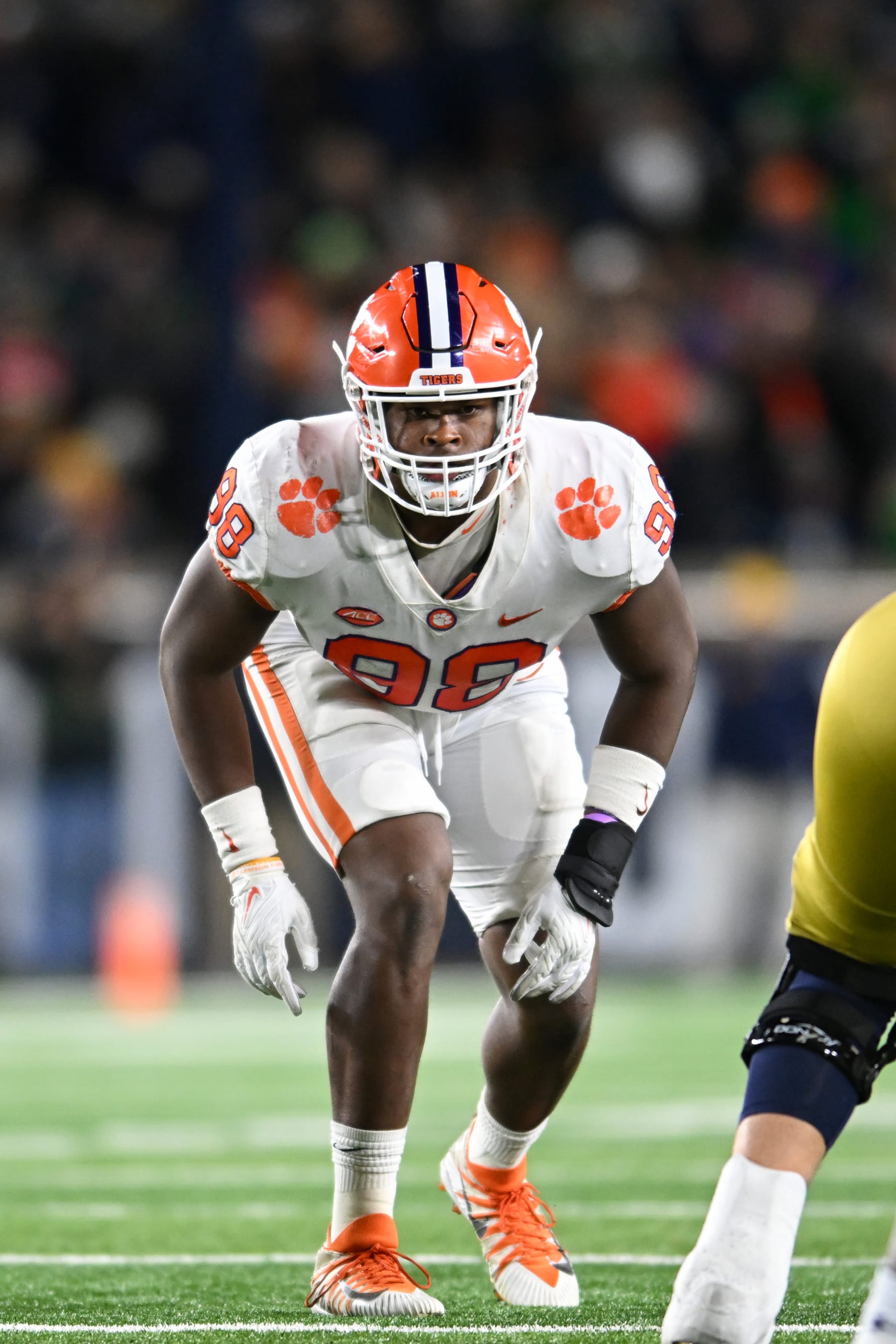 SOUTH BEND, INDIANA - NOVEMBER 05, 2022: Myles Murphy #98 of the Clemson Tigers waits for the snap during the second half against the Notre Dame Fighting Irish at Notre Dame Stadium on November 5, 2022 in South Bend, Indiana. (Photo by Nick Cammett/Diamond Images via Getty Images)