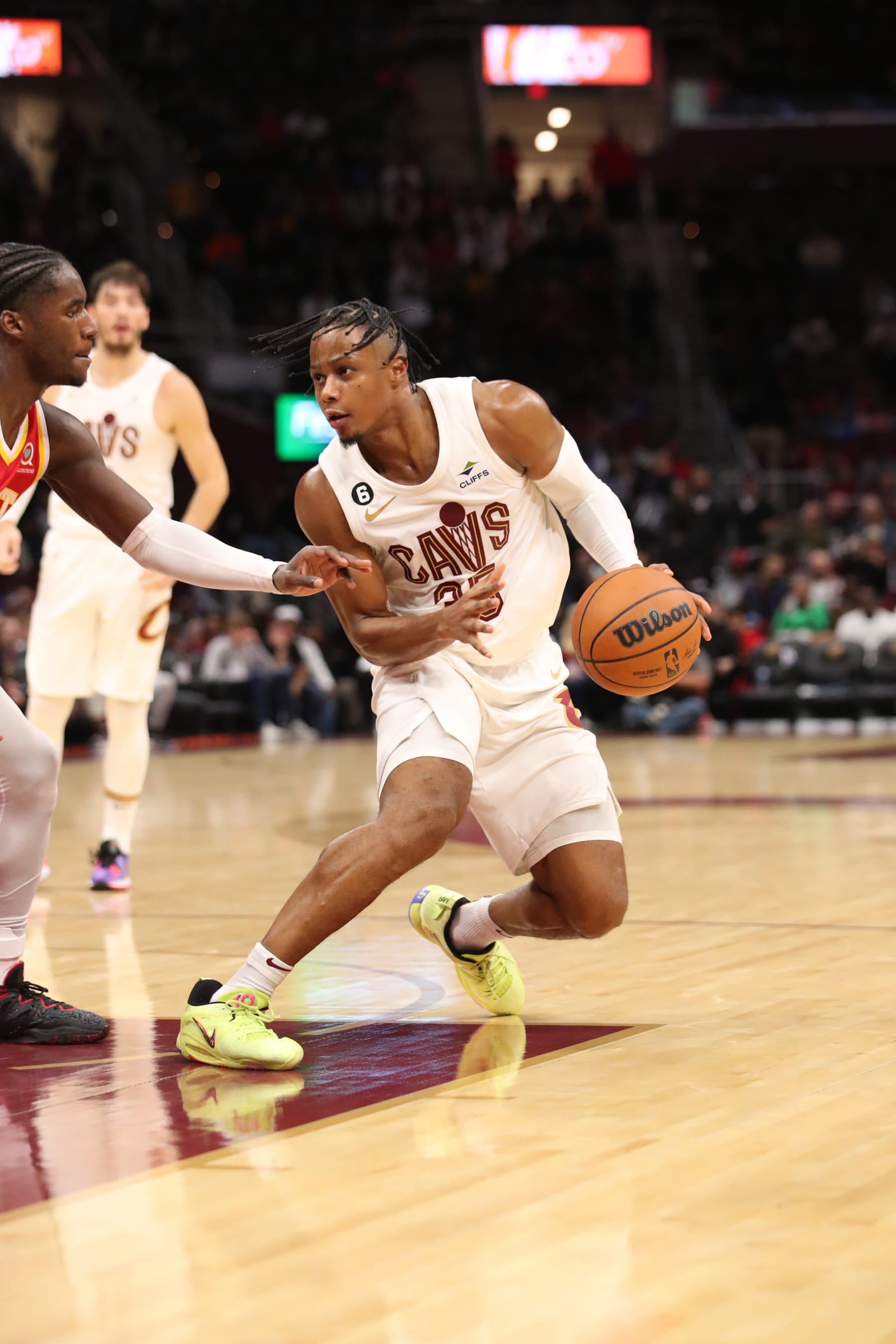 CLEVELAND, OH - OCTOBER 12: Isaac Okoro #35 of the Cleveland Cavaliers drives to the basket during the game against the Atlanta Hawks  on October 12, 2022 at Rocket Mortgage FieldHouse in Cleveland, Ohio. NOTE TO USER: User expressly acknowledges and agrees that, by downloading and/or using this Photograph, user is consenting to the terms and conditions of the Getty Images License Agreement. Mandatory Copyright Notice: Copyright 2022 NBAE (Photo by  Lauren Bacho/NBAE via Getty Images)