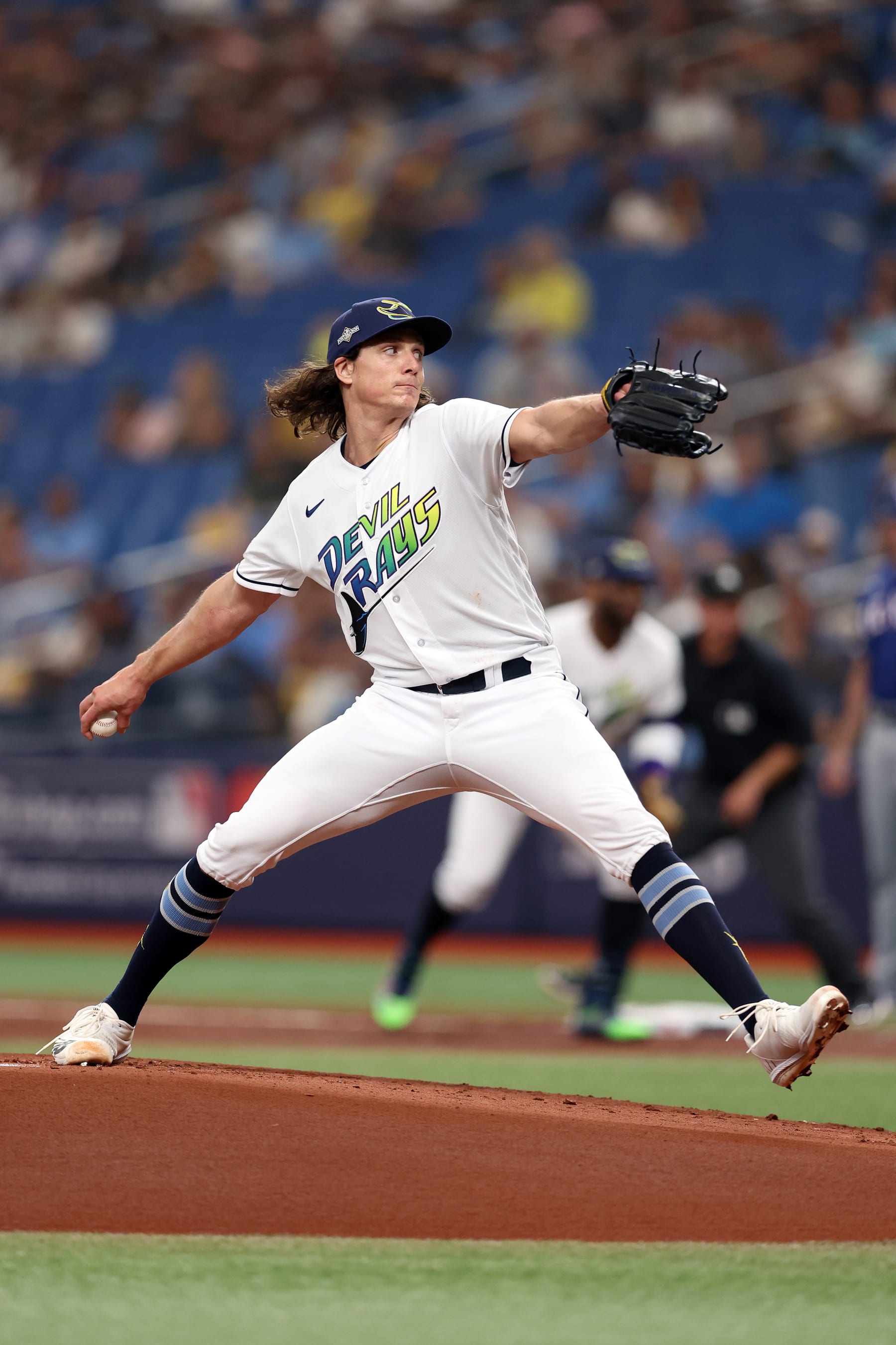 ST PETERSBURG, FLORIDA - OCTOBER 03: Tyler Glasnow #20 of the Tampa Bay Rays pitches in the first inning against the Texas Rangers during Game One of the Wild Card Series at Tropicana Field on October 03, 2023 in St Petersburg, Florida. (Photo by Megan Briggs/Getty Images)