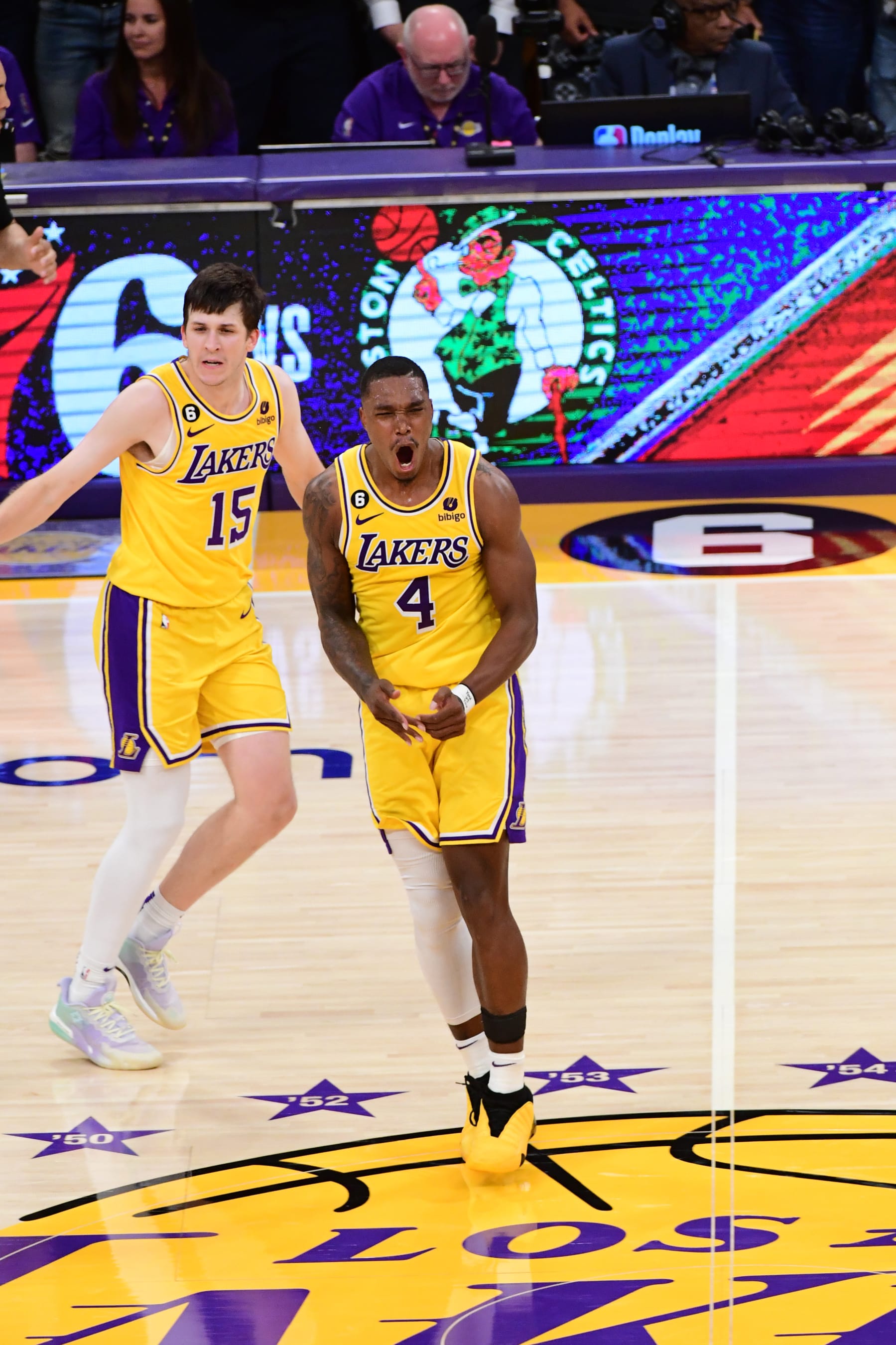 LOS ANGELES, CA - MAY 8: Lonnie Walker IV #4 of the Los Angeles Lakers celebrates during Game Four of the Western Conference Semi-Finals of the 2023 NBA Playoffs against the Golden State Warriors on May 8, 2023 at Crypto.com Arena in Los Angeles, California. NOTE TO USER: User expressly acknowledges and agrees that, by downloading and/or using this Photograph, user is consenting to the terms and conditions of the Getty Images License Agreement. Mandatory Copyright Notice: Copyright 2023 NBAE (Photo by Adam Pantozzi/NBAE via Getty Images)