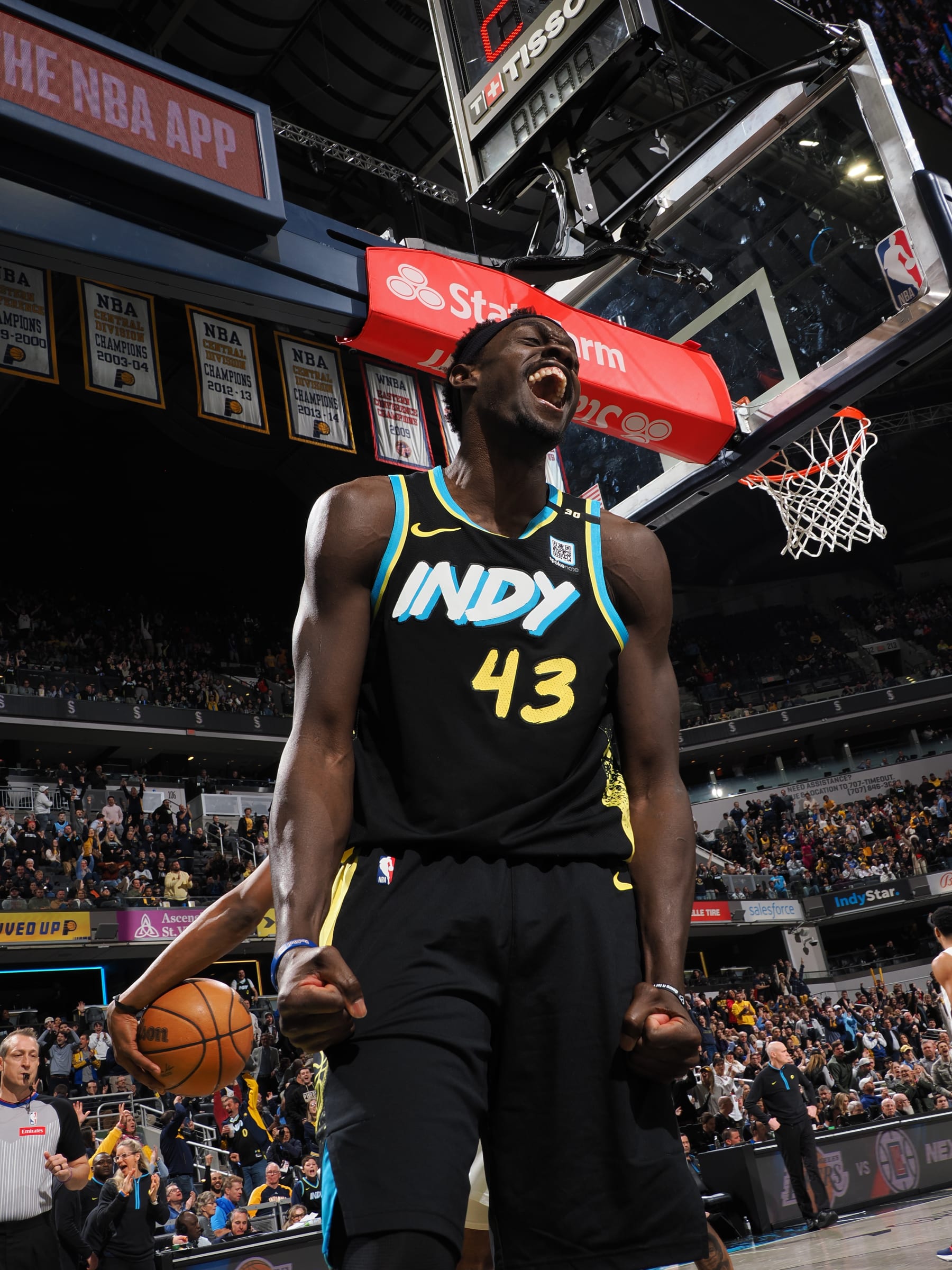 INDIANAPOLIS, IN - FEBRUARY 28: Pascal Siakam #43 of the Indiana Pacers celebrates during the game against the New Orleans Pelicans on February 28, 2024 at Gainbridge Fieldhouse in Indianapolis, Indiana. NOTE TO USER: User expressly acknowledges and agrees that, by downloading and or using this Photograph, user is consenting to the terms and conditions of the Getty Images License Agreement. Mandatory Copyright Notice: Copyright 2024 NBAE (Photo by Ron Hoskins/NBAE via Getty Images)