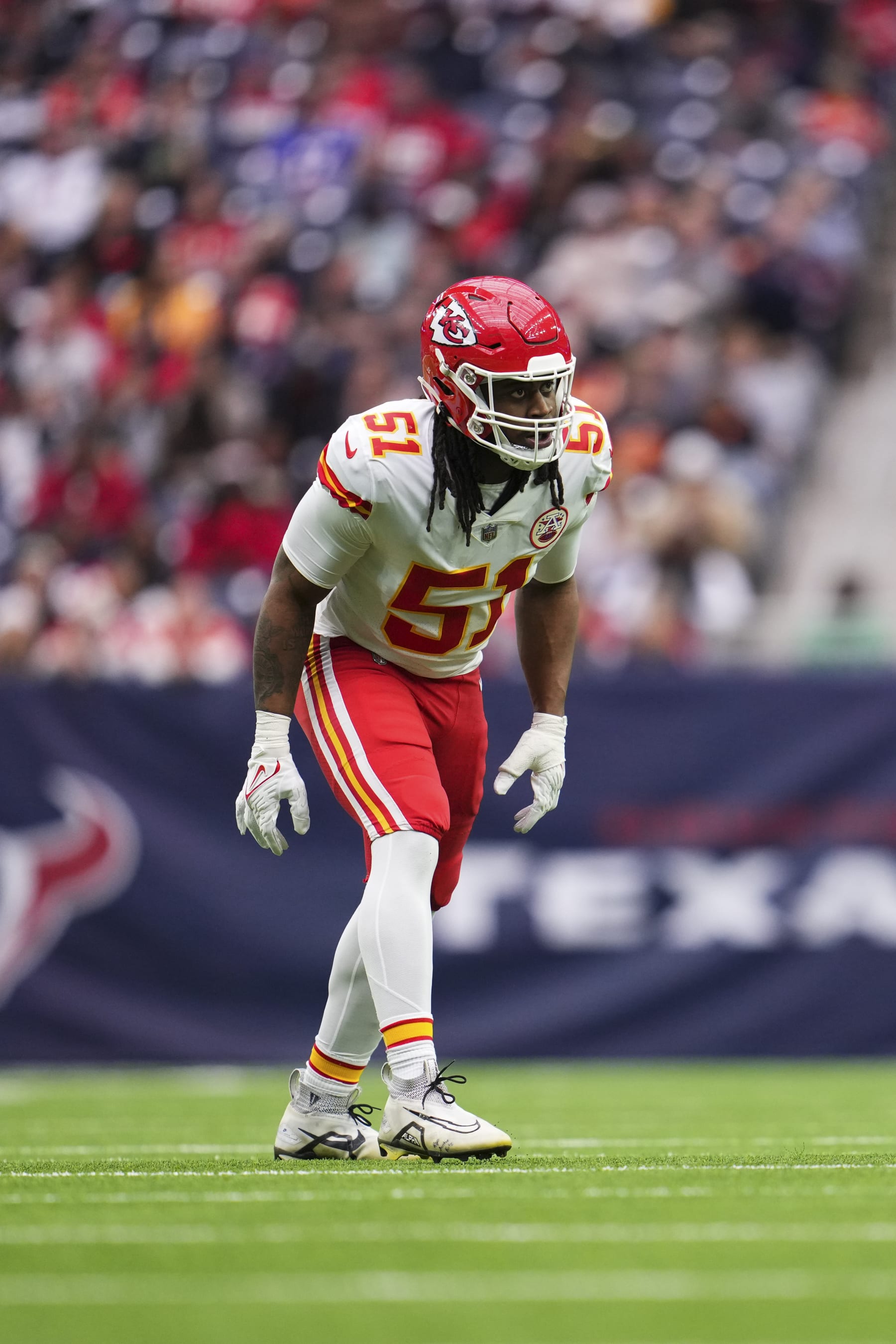 HOUSTON, TX - DECEMBER 18: Mike Danna #51 of the Kansas City Chiefs gets set against the Houston Texans at NRG Stadium on December 18, 2022 in Houston, Texas. (Photo by Cooper Neill/Getty Images)