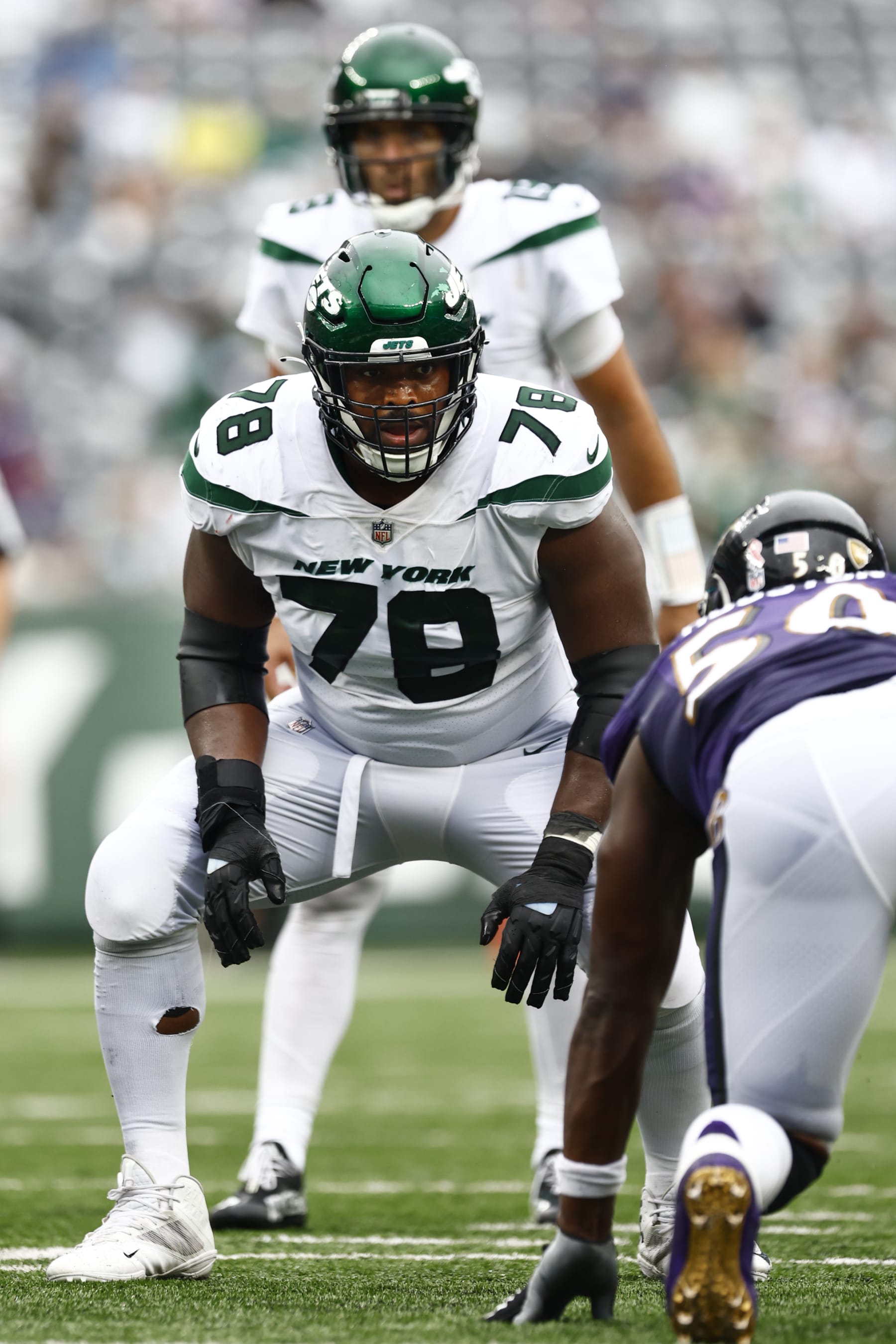 New York Jets guard Laken Tomlinson (78) in action against the Baltimore Ravens during an NFL football game, Sunday, Sep.11, 2022, in East Rutherford, N.J.. (AP Photo/Rich Schultz)