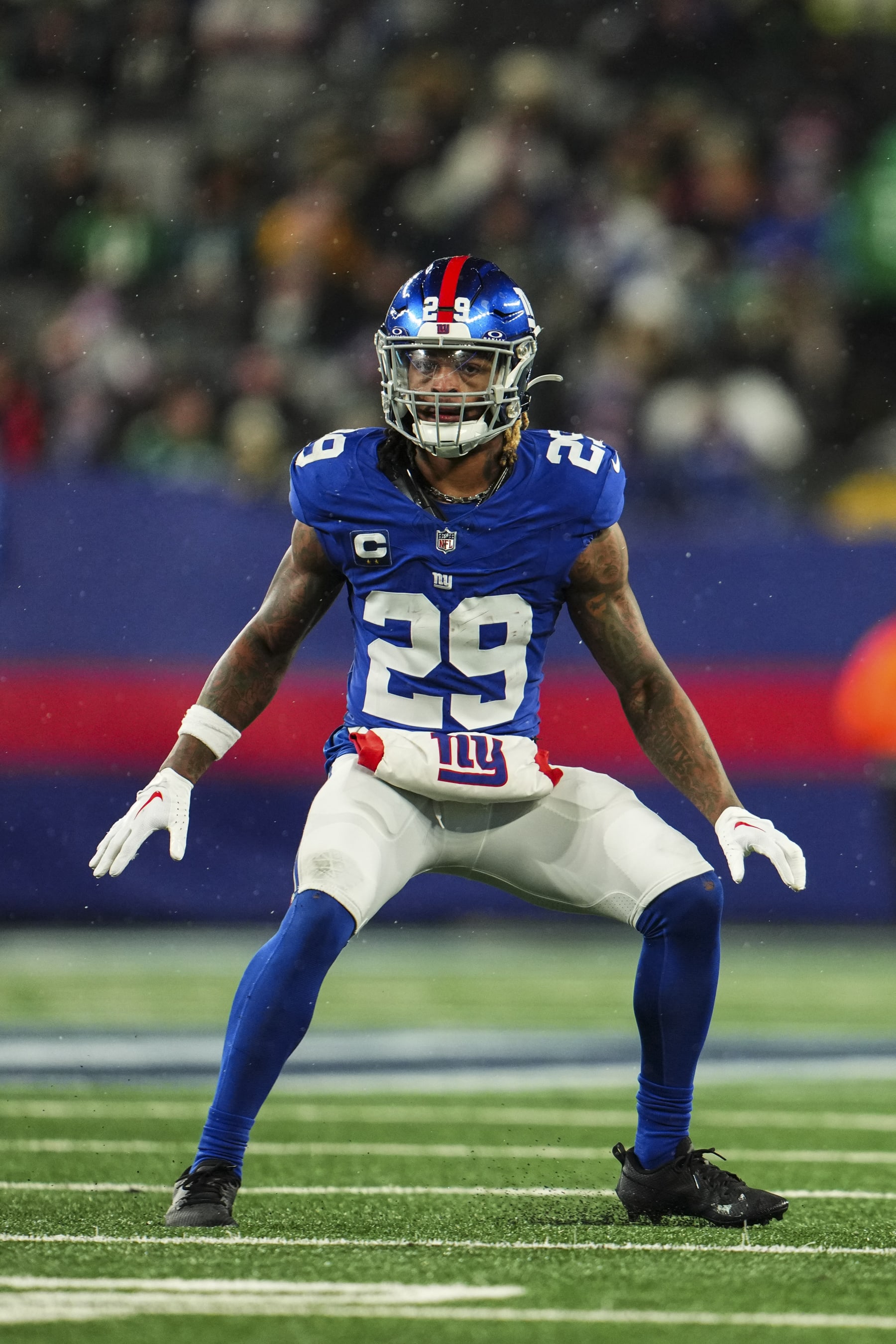 EAST RUTHERFORD, NJ - JANUARY 07: Xavier McKinney #29 of the New York Giants defends in coverage during an NFL football game against the Philadelphia Eagles at MetLife Stadium on January 7, 2024 in East Rutherford, New Jersey. (Photo by Cooper Neill/Getty Images)