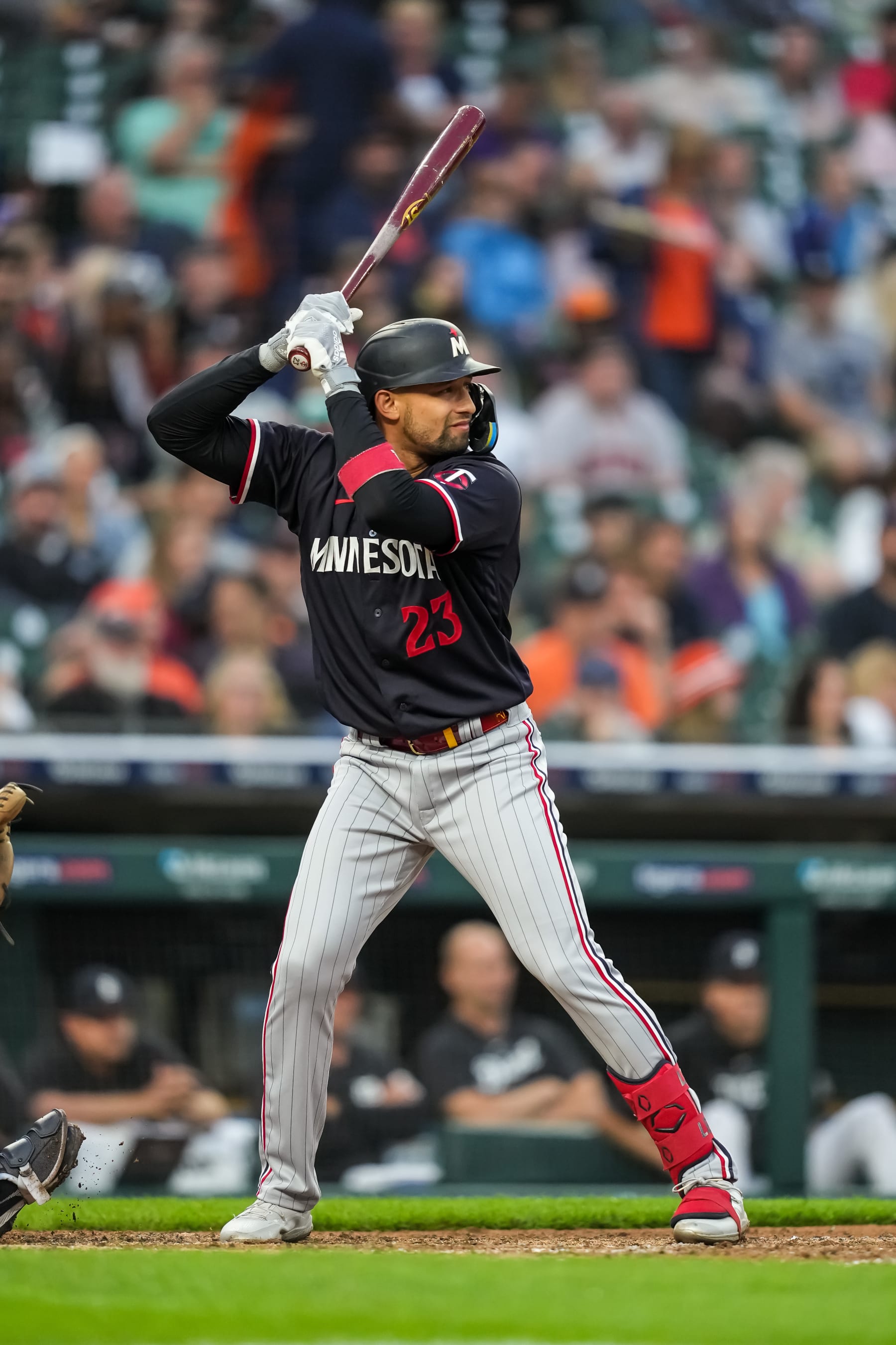 DETROIT, MI - JUNE 23: Royce Lewis #23 of the Minnesota Twins bats against the Detroit Tigers on June 23, 2023 at Comerica Park in Detroit, Michigan. (Photo by Brace Hemmelgarn/Minnesota Twins/Getty Images)