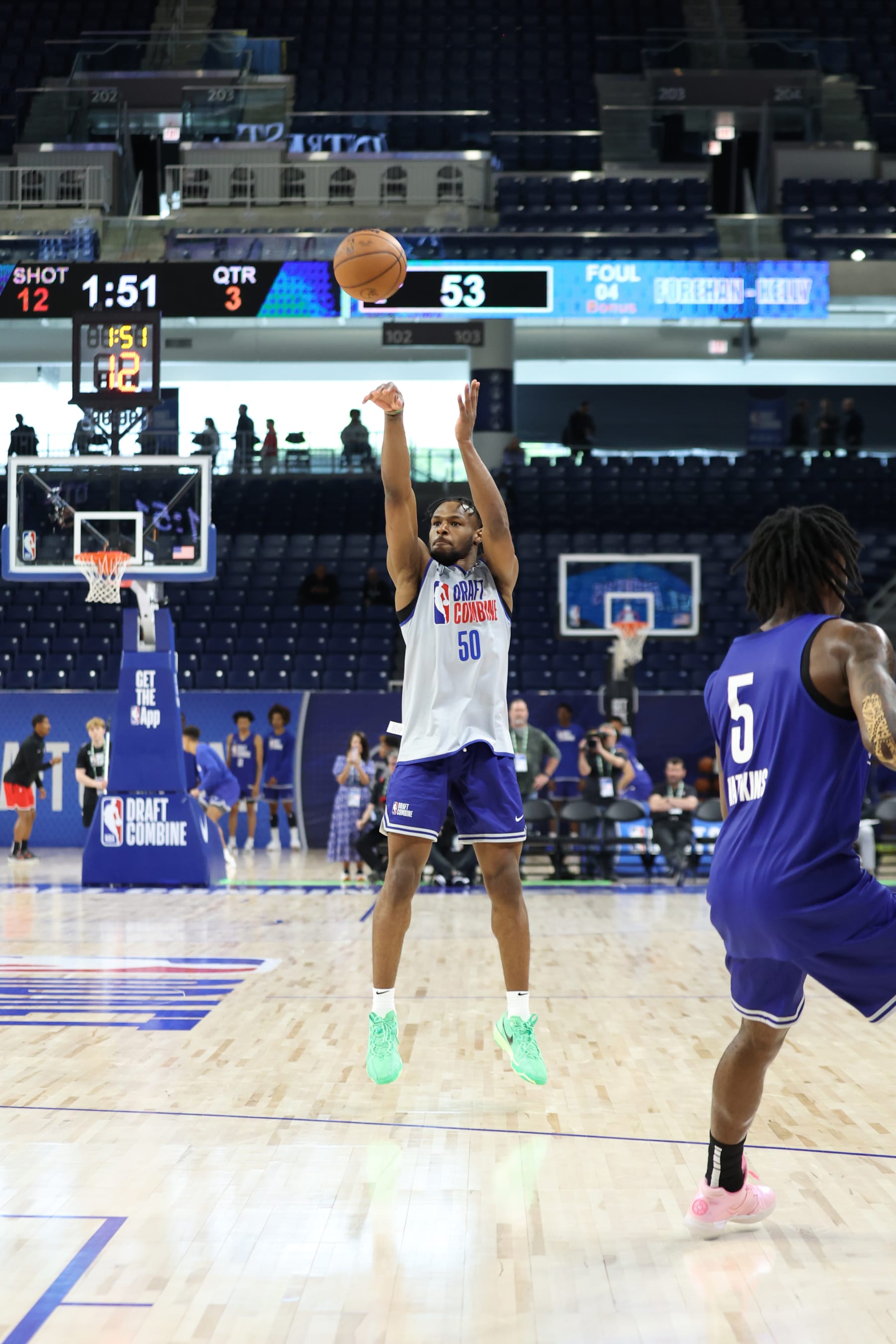 CHICAGO, IL - MAY 14: Bronny James shoots a three point basket during the 2024 NBA Combine on May 14, 2024 at Wintrust Arena in Chicago, Illinois. NOTE TO USER: User expressly acknowledges and agrees that, by downloading and or using this photograph, User is consenting to the terms and conditions of the Getty Images License Agreement. Mandatory Copyright Notice: Copyright 2024 NBAE (Photo by Jeff Haynes/NBAE via Getty Images)