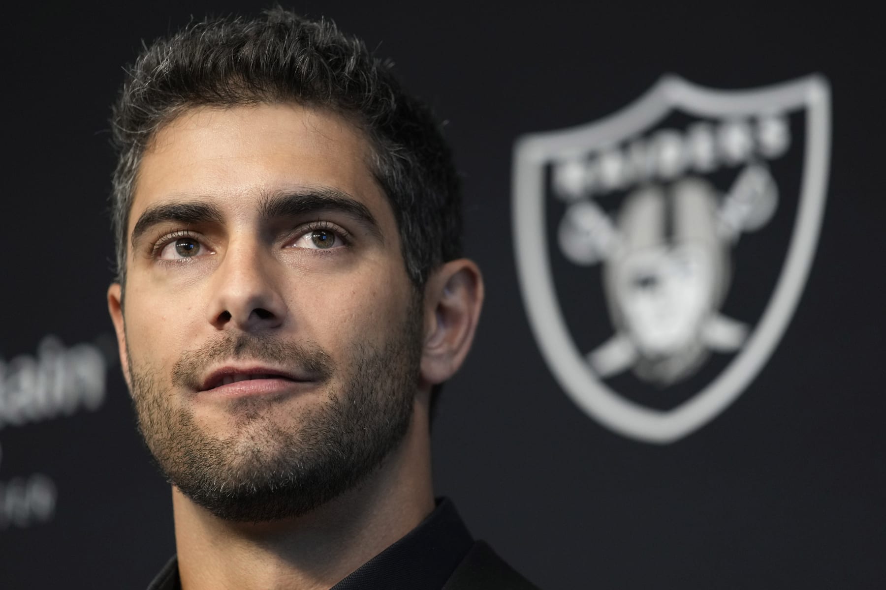 Las Vegas Raiders quarterback Jimmy Garoppolo takes questions at a news conference Friday, March 17, 2023, in Henderson, Nev. (AP Photo/John Locher)