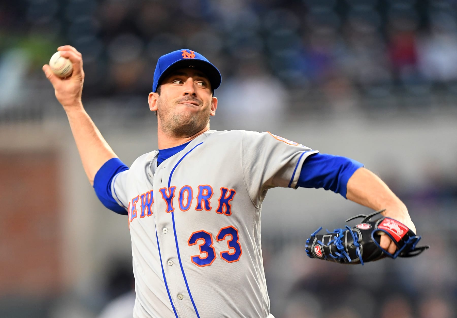 ATLANTA, GA - APRIL 19: Matt Harvey #33 of the New York Mets throws a second-inning pitch against the Atlanta Braves at SunTrust Park on April 19, 2018 in Atlanta, Georgia. (Photo by Scott Cunningham/Getty Images)