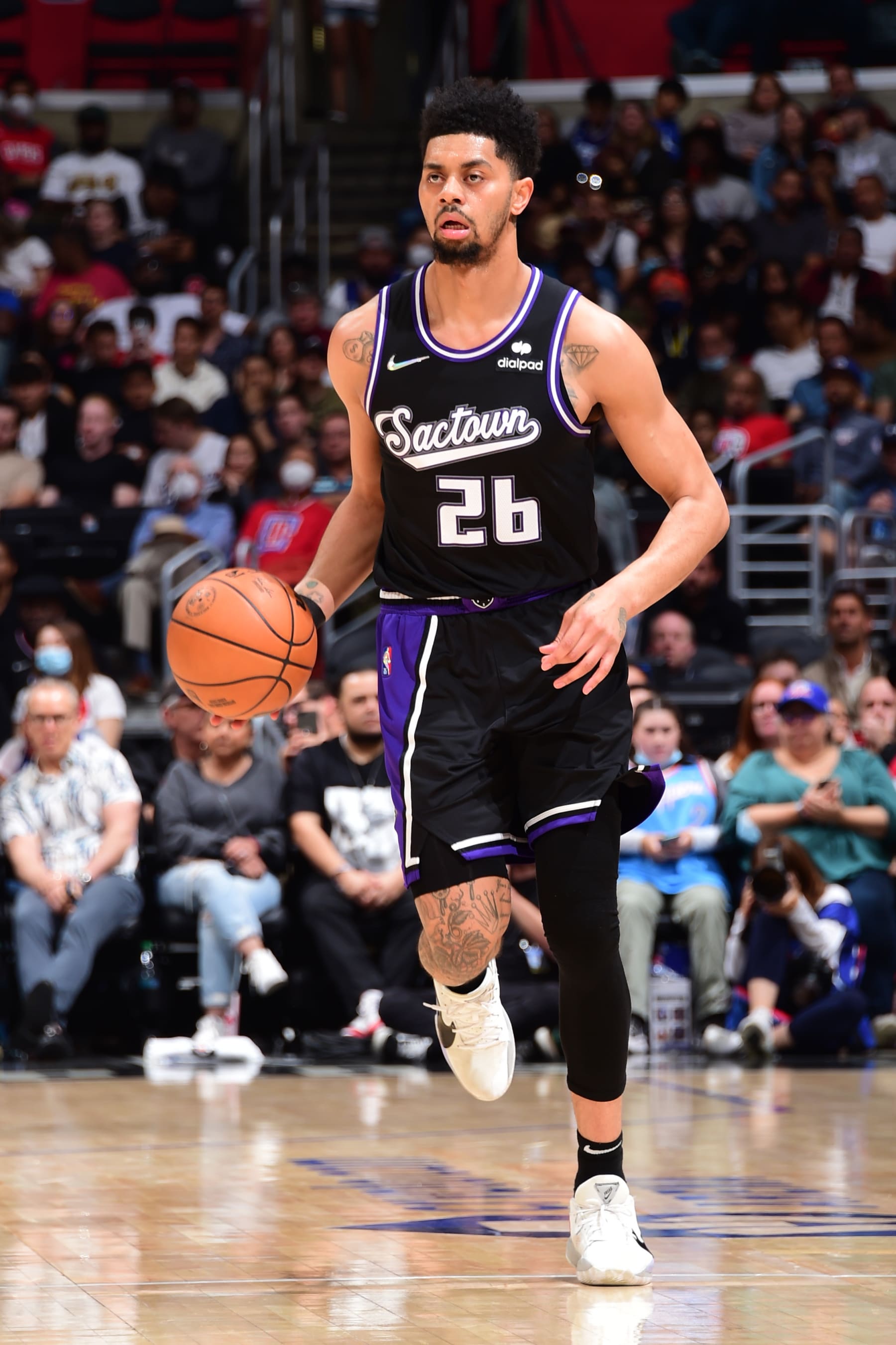 LOS ANGELES, CA - APRIL 9: Jeremy Lamb #26 of the Sacramento Kings moves the ball up court during the game against the LA Clippers on April 9, 2022 at Crypto.Com Arena in Los Angeles, California. NOTE TO USER: User expressly acknowledges and agrees that, by downloading and/or using this Photograph, user is consenting to the terms and conditions of the Getty Images License Agreement. Mandatory Copyright Notice: Copyright 2022 NBAE (Photo by Adam Pantozzi/NBAE via Getty Images)