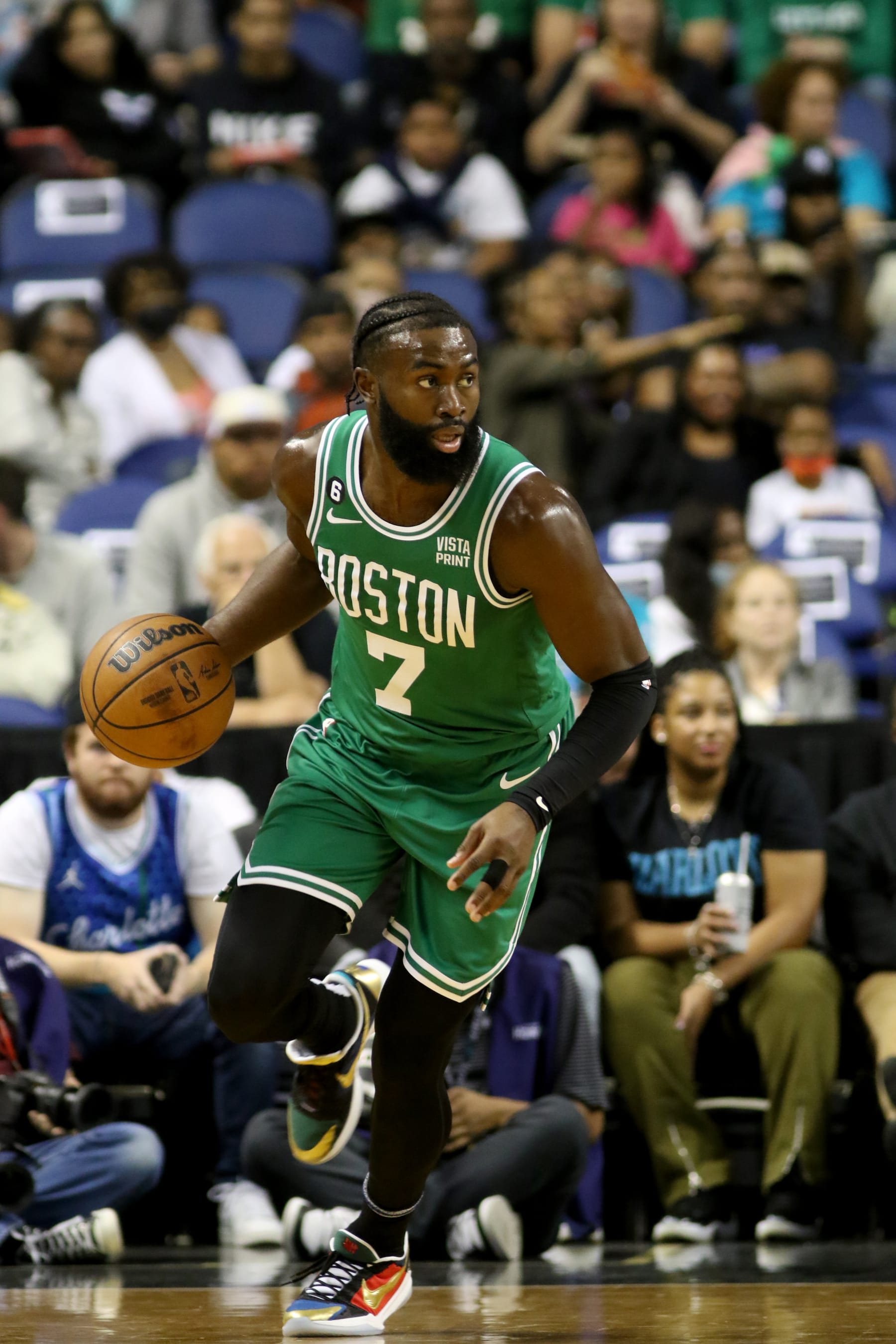 CHARLOTTE, NC - OCTOBER 7:Jaylen Brown #7 of the Boston Celtics dribbles the ball against the Charlotte Hornets  on October 7, 2022 at Greensboro Coliseum Complex in Greensboro,  North Carolina. NOTE TO USER: User expressly acknowledges and agrees that, by downloading and or using this photograph, User is consenting to the terms and conditions of the Getty Images License Agreement.  Mandatory Copyright Notice:  Copyright 2022 NBAE (Photo by Brock Williams-Smith/NBAE via Getty Images)